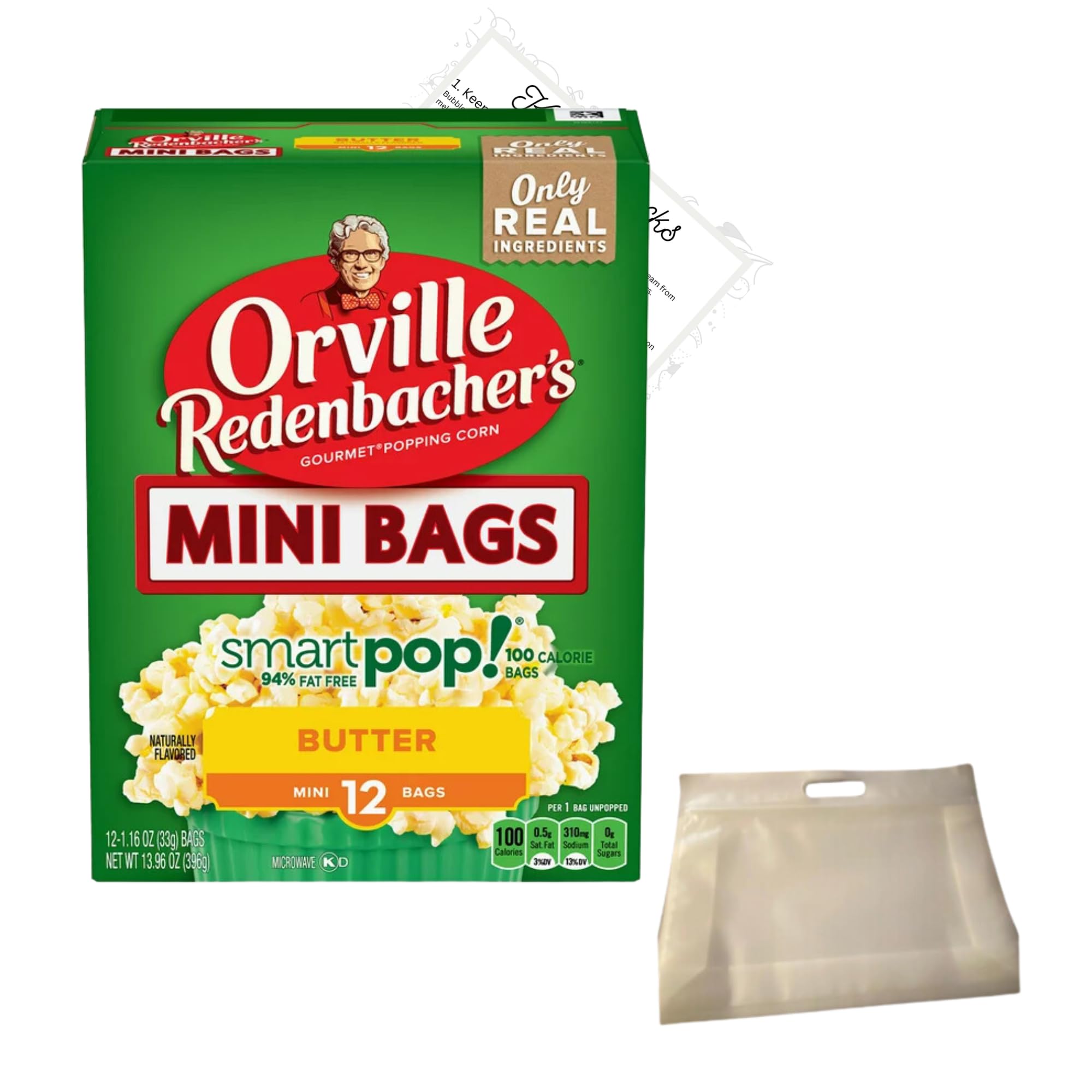 Smart Pop Popcorn Individual Bags Bundle - Orville Redenbacher Popcorn - Smart Pop! Mini Bags 12 Ct Bundled With Reusable Snack Pouch And Kitchen Hack Card By AMCIENT (Butter)