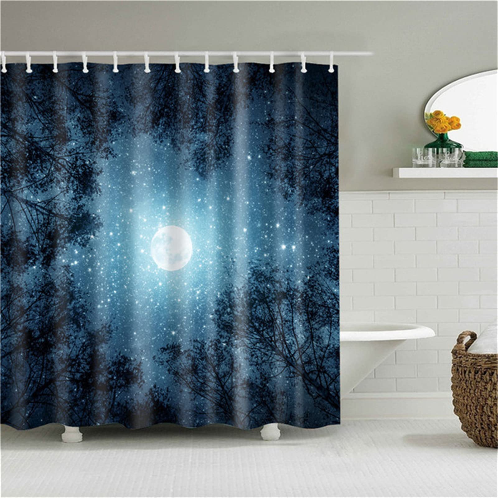 Tinnoon Shower Curtain, Anti-Mould Proof Resistant, Waterproof, Weighted Hem, Resistant WashableStarry SkyBathroom Curtains, 3D Digital Polyester Extra Long Shower Curtains Grey, With Hooks，180x210cm