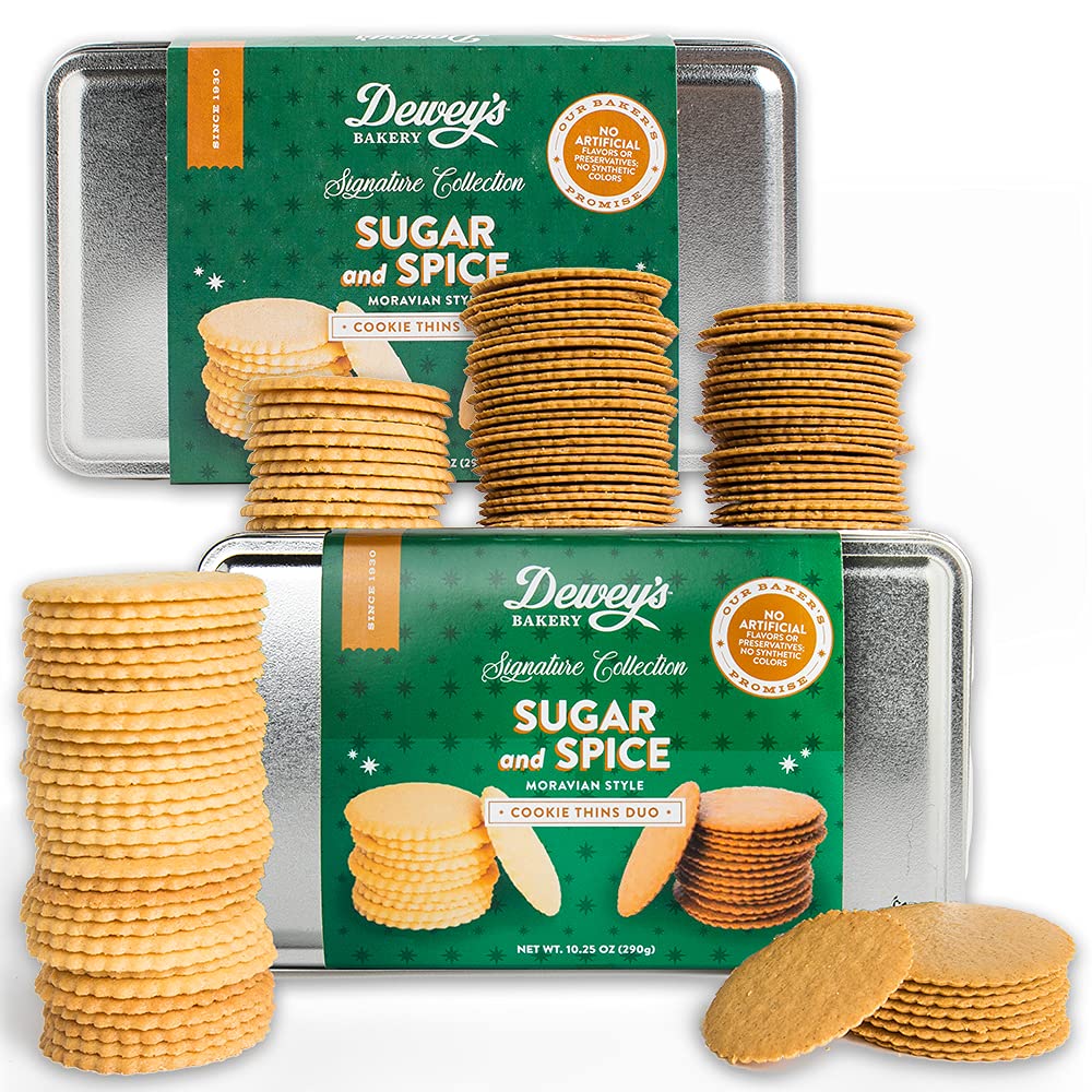 Dewey’s Bakery Sugar & Ginger Cookie Gift Tin Set | Sugar and Triple Ginger Moravian Style Cookie Thins | Baked in Small Batches | Real, Simple Ingredients | Holiday Cookie Gift Basket | (Pack of 2)