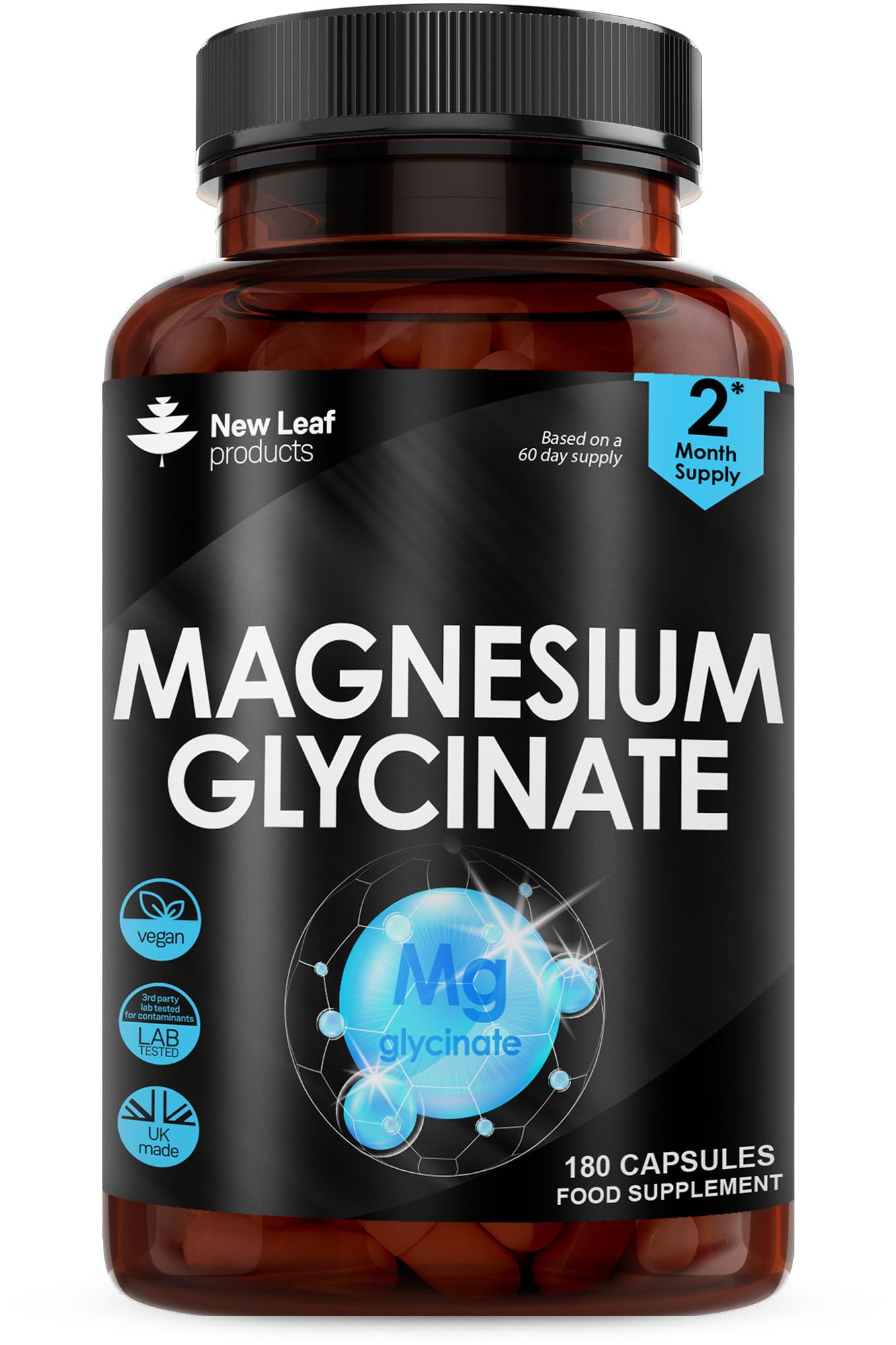 Magnesium Glycinate Supplements - 180 High Strength Capsules - 1040mg of Magnesium Providing 208mg Elemental Magnesium Per Serving - Pure Active Ingredient - UK Manufactured