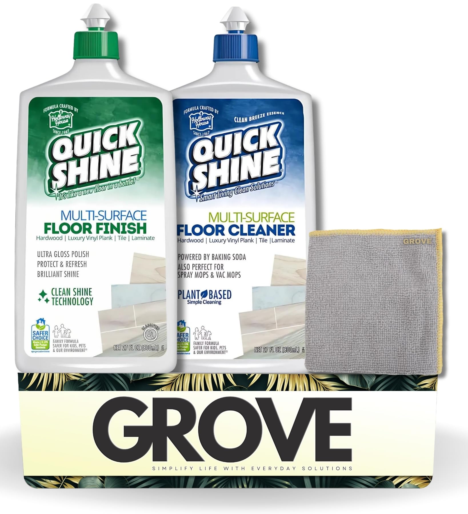 Quick Shine Gloss Floor Finish 27 oz + Multi-Surface Floor Cleaner 27 oz Bundle with Microfiber Cloth - Hardwood Floor Polish & Vinyl Floor Cleaner Solution - (3 Items)