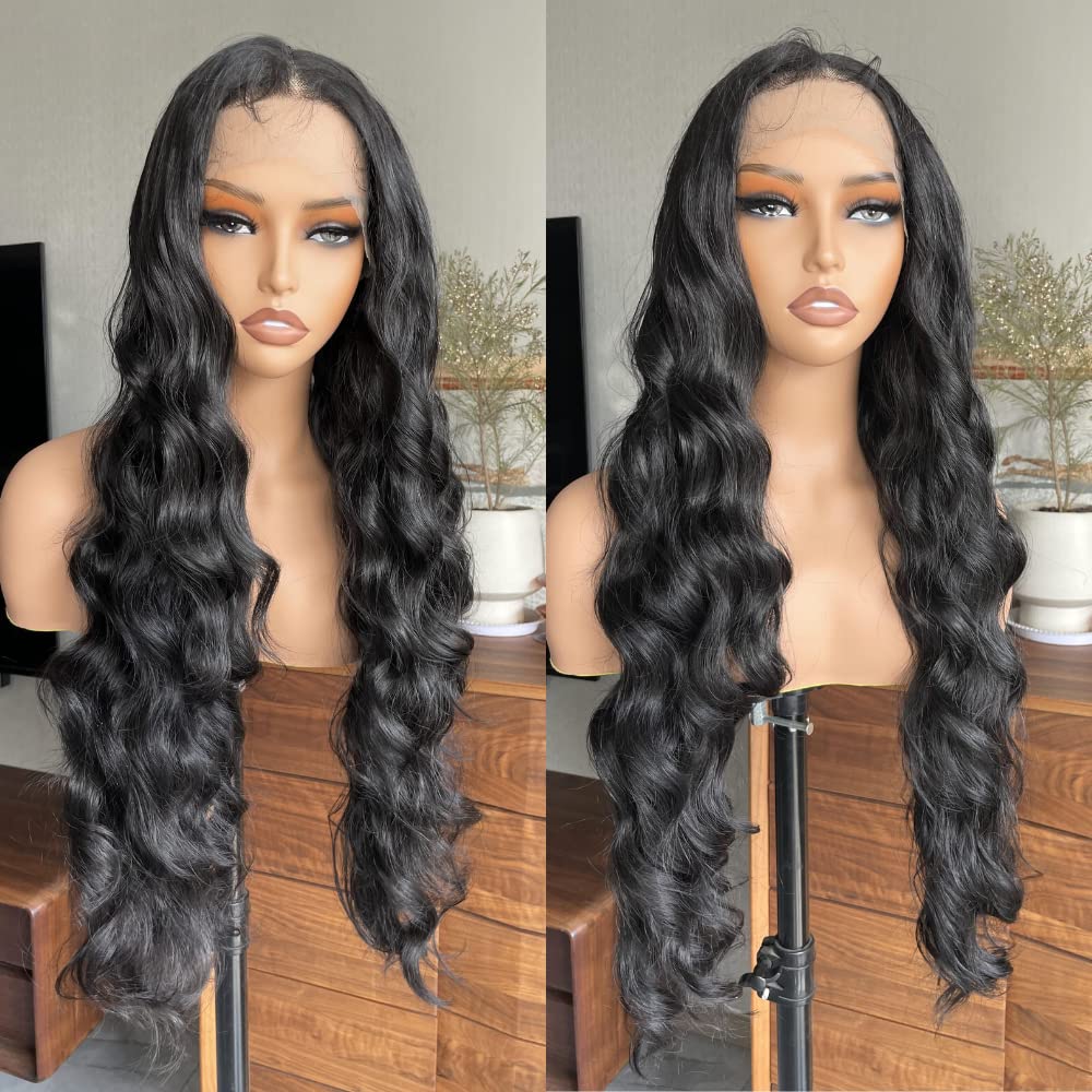 LOLYDEER Loose Wave 13x4 Lace Front Wigs Pre Plucked 32 Inch Black Wavy Hair HD Synthetic Lace Front Wig 150% Density Long Wavy Wigs For Black Women