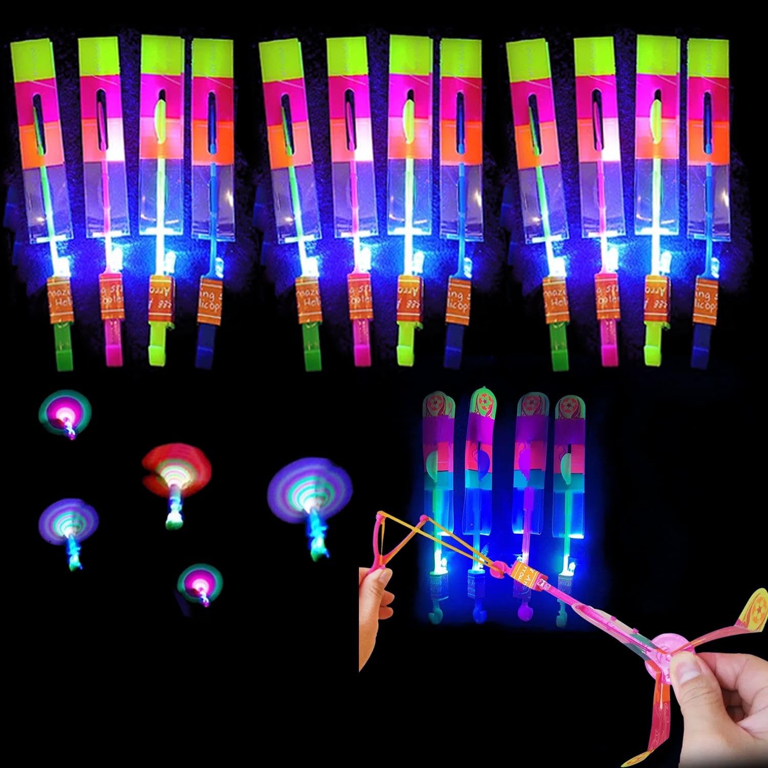 Home Smart Slingshot Flying Copters Toy for Kid's 12 Pcs Assorted Color Led Toy for Outdoor Activity