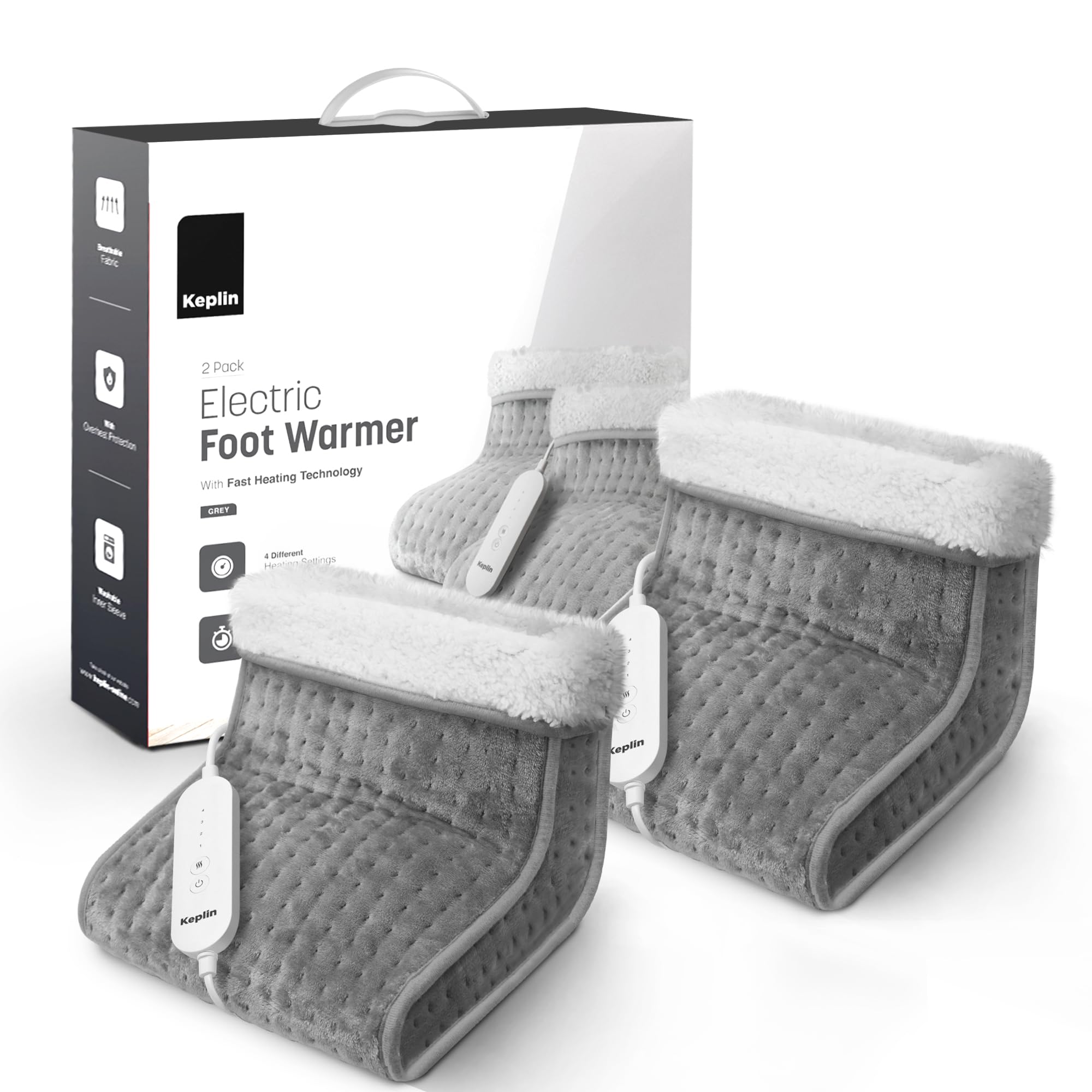 KEPLIN Electric Foot Warmer - 4 Adjustable Temperature Settings, 90-Min Auto Shut-Off Timer, Overheat & Overcurrent Protection, Soft Fleece Lining, Washable Inner Sleeves (32x28x26cm) (Grey, 2 Pack)