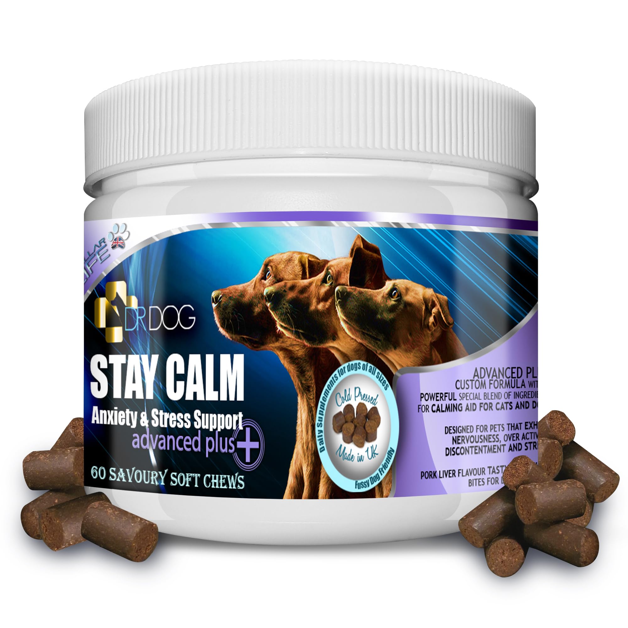 Dr Dog Stay Calm Anxiety Calming Supplement for Dogs – 60 Natural Soft Chew Tasty Treats - Stress Nervous Hyperactivity Relief Vet Grade Aid – Fussy Pet Friendly - Made in UK