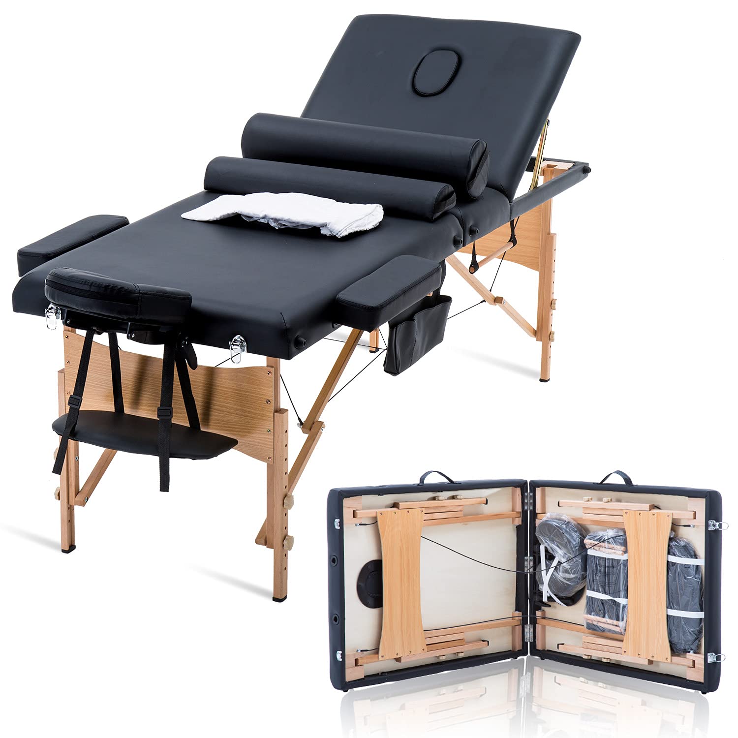 HCY Portable Massage Table,Folding Massage Bed 84 inch 3 Fold Adjustable Height with 2 Bolster/Backrest Carry Case for SPA,Facial,Salon- Black