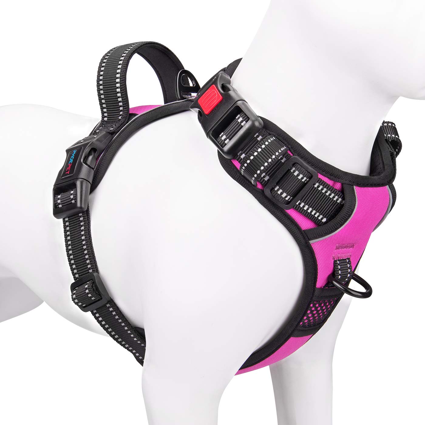 PHOEPET Reflective Dog Harness Large Breed Adjustable No Pull Vest with with Handle 2 Metal Rings 3 Buckles [Easy to Put on & Take Off](L, Pink)