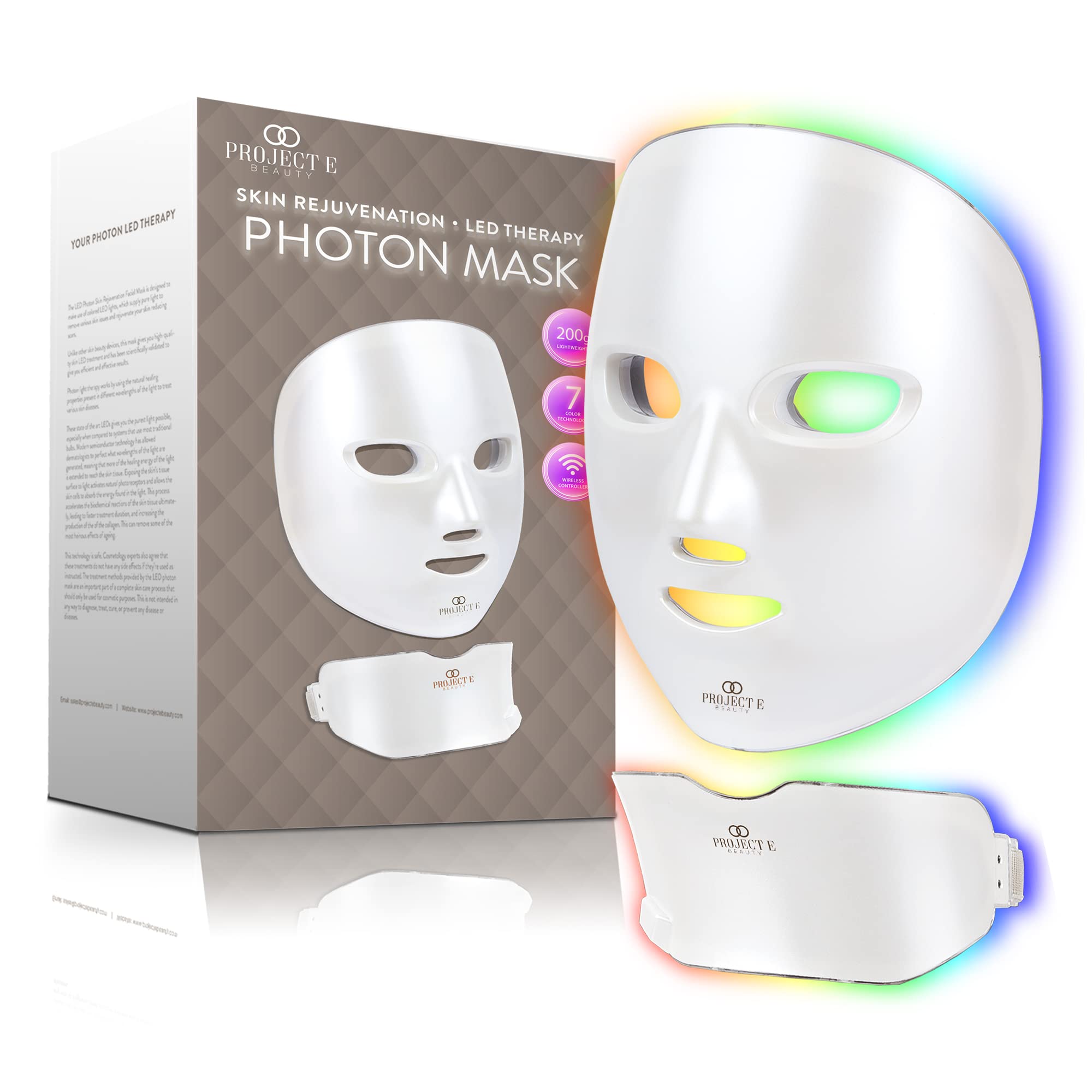 LED Face & Neck Mask by Project E Beauty | Skin Rejuvenation | LED Therapy Photon Mask | 7 Colors | Anti Aging | Acne Spot Removal | Reduce Wrinkles | Anti-inflammation | Brightening Skincare Mask