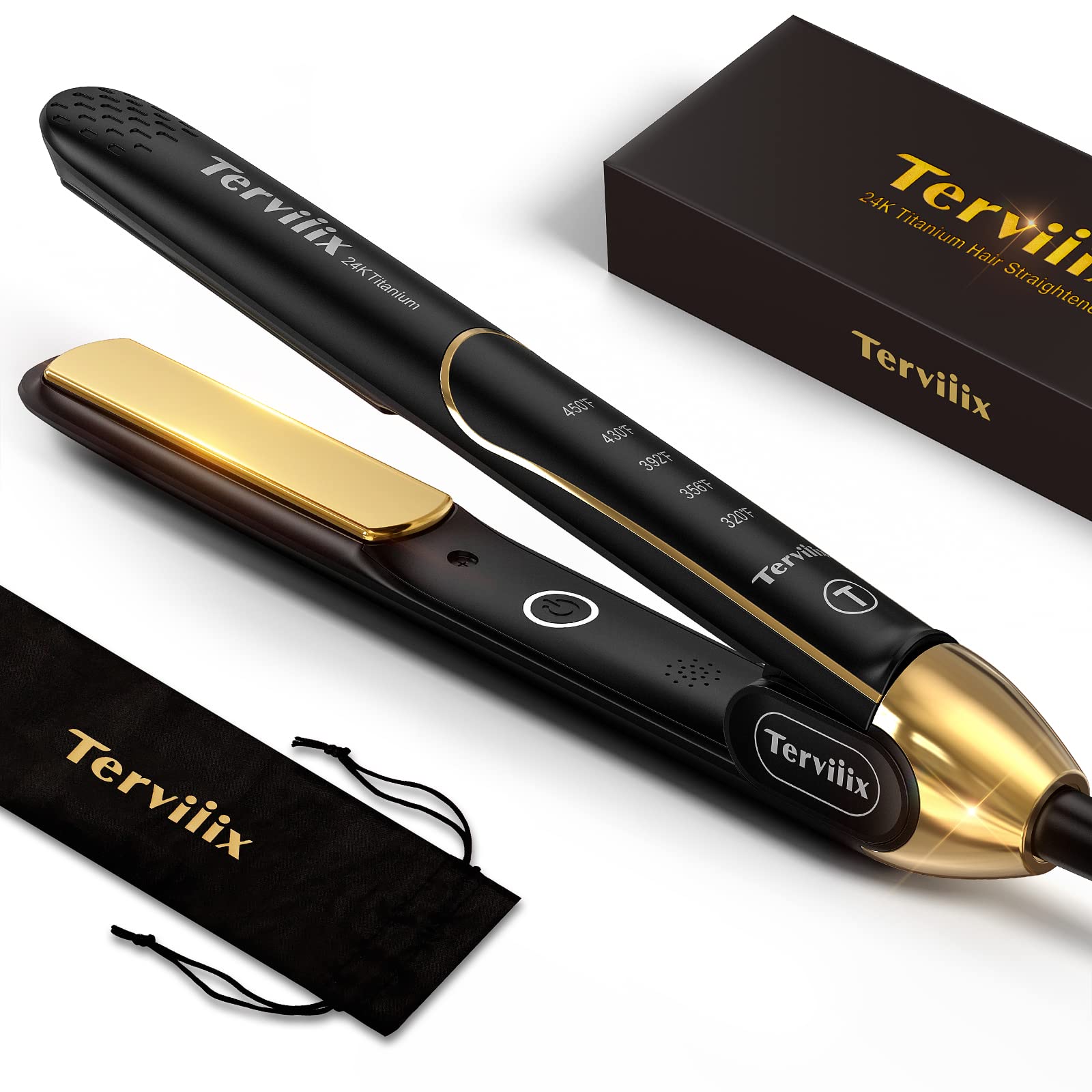 Terviiix100% Titanium Flat Iron, 24K Salon Professional Hair Straightener and Curler 2 in 1, Non-Snagging Straightening Iron for One Swipe, 15s Ultra Fast Heating, Dual Voltage, Auto Shut Off, 1''