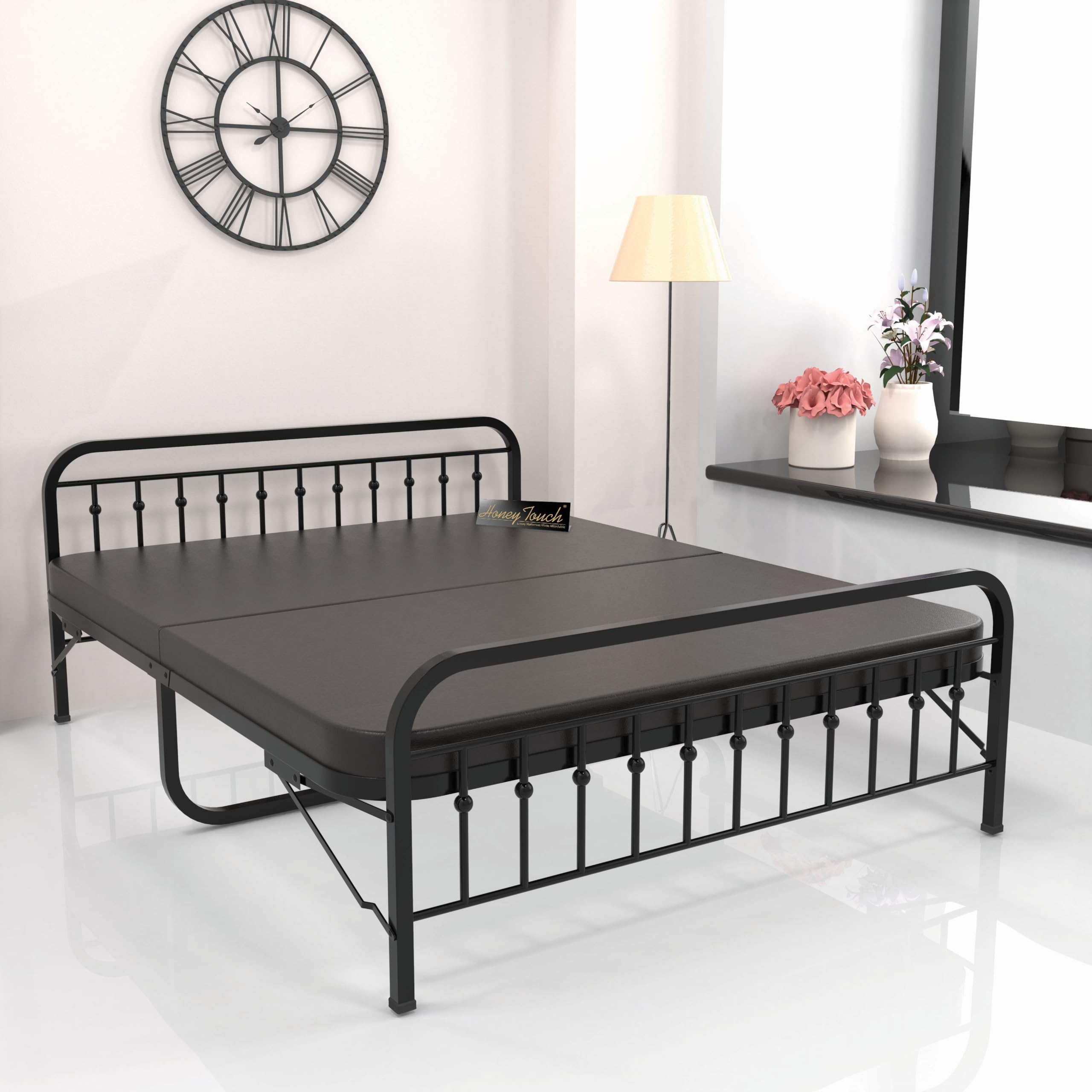 Honey Touch® Queen Bed | Foam Mattress Included | Folding Style No Assembly Required (Black,5ft x 6.25ft,with Headboard,Metal)(Queen, with Mattress)