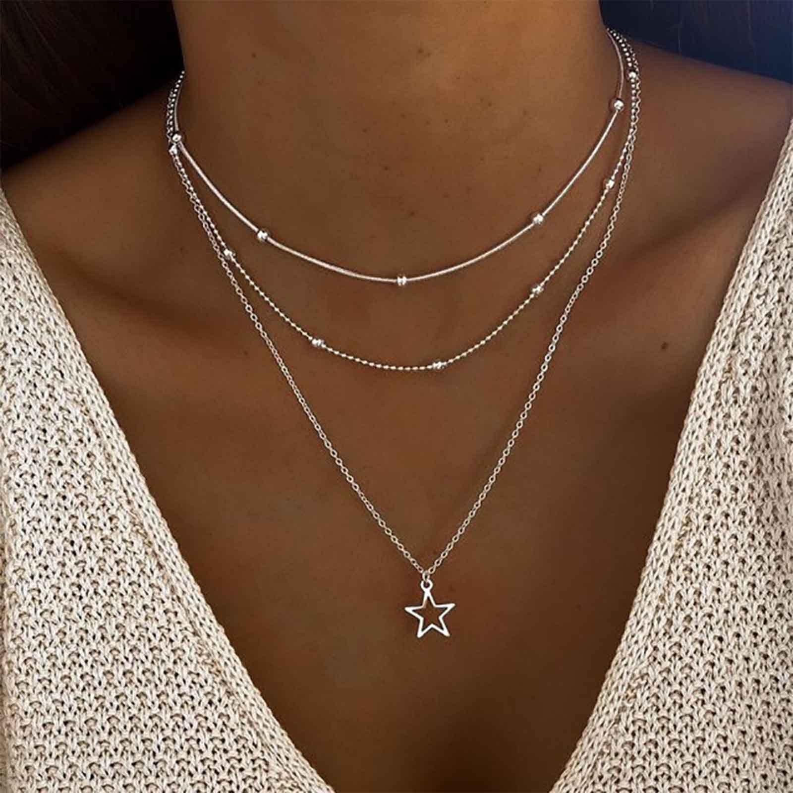 Boho Layered Star Necklace Choker Chain Silver Star Pendant Necklace Beads Satellite Chain Choker Vintage Hollow Star Necklace Multilayer Statement Necklaces Jewelry for Women Girls