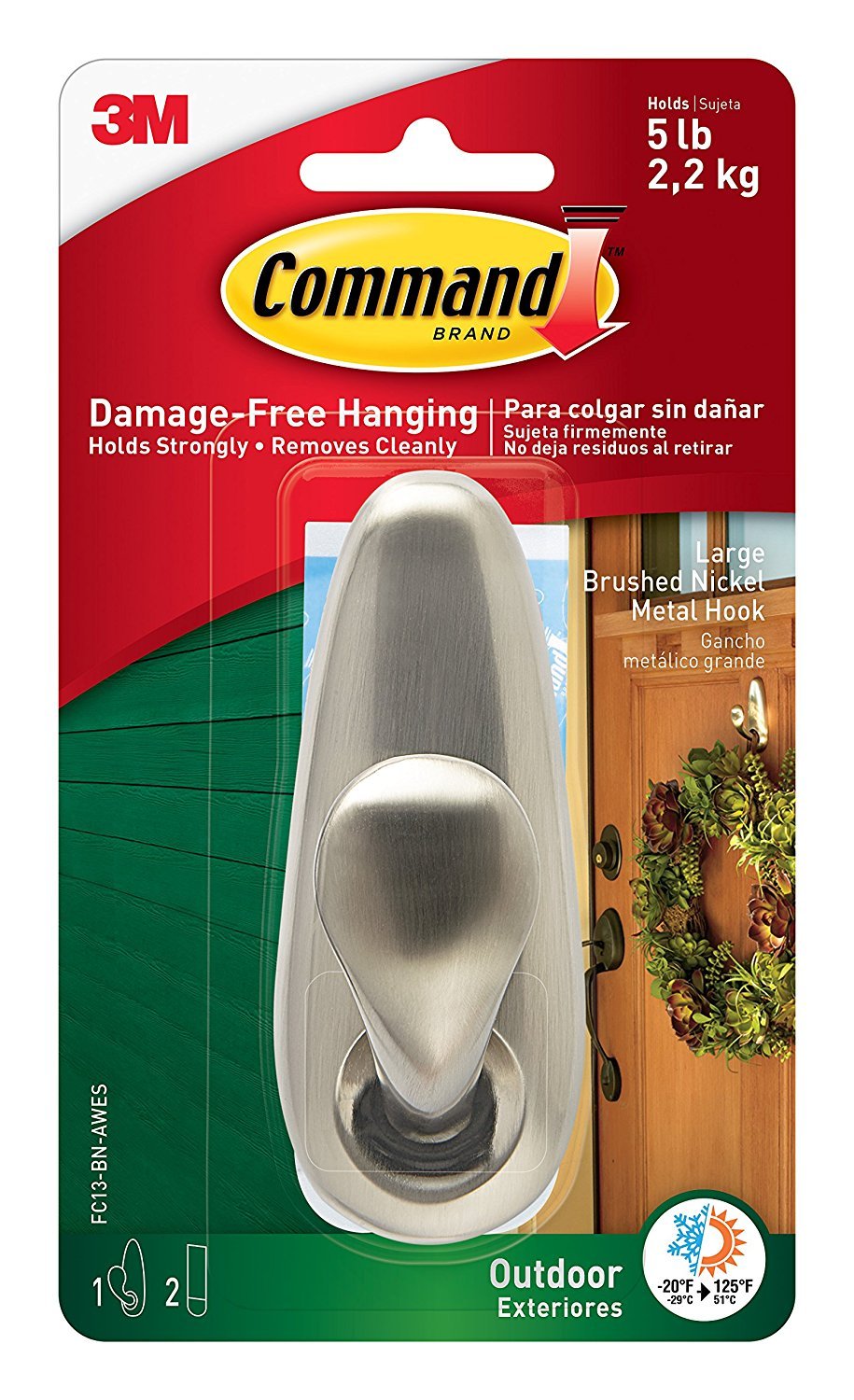 (1 Hook, Large-Outdoor) - Command Outdoor Forever Classic Metal Hook, Large, Brushed Nickel, 1-Hook with Foam Strips (FC13-BN-AWES)