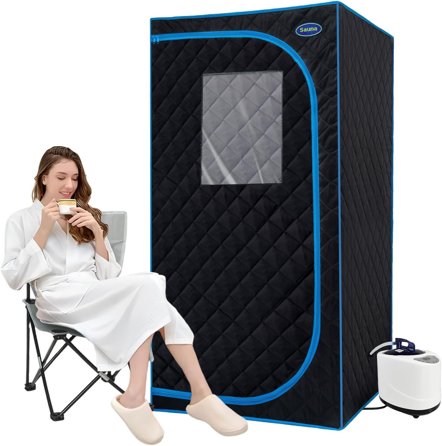 Portable Steam Sauna Tent Full Size, Oversized Personal Sauna Kit for Home Spa, Lightweight Sauna Box with Steamer, Time & Temperature Remote Control, Foldable Chair, 32'' x 32'' x 63''