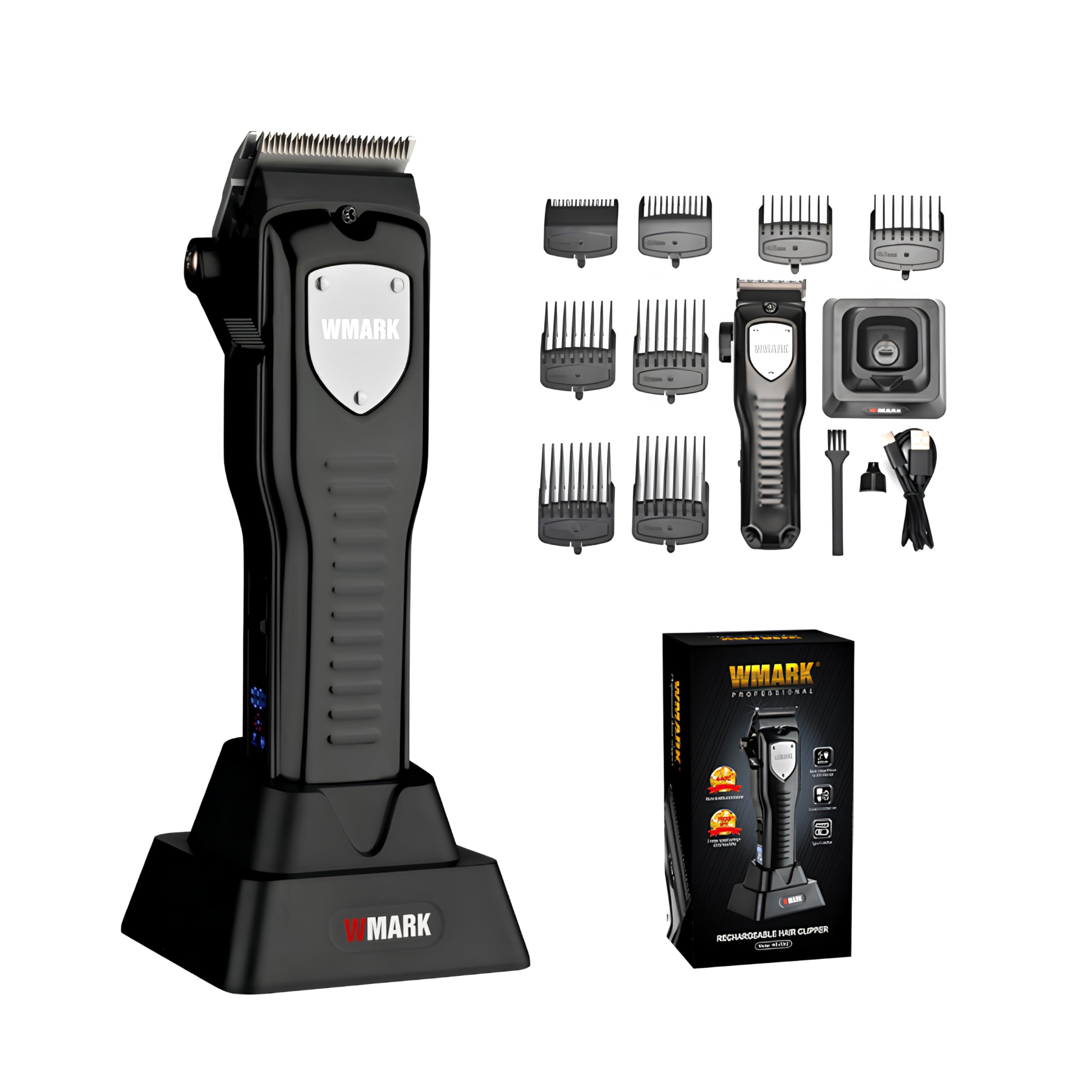 WMARK NG-2042 Ultra Premium Professional 7000 RPM 2 Speed Zero Gapped Hair Clipper Digital Display Metallurgy Blade 8 Guide Comb Taper Lever Adjustments Adaptor Charging Pod & Stand Runtime 240 min