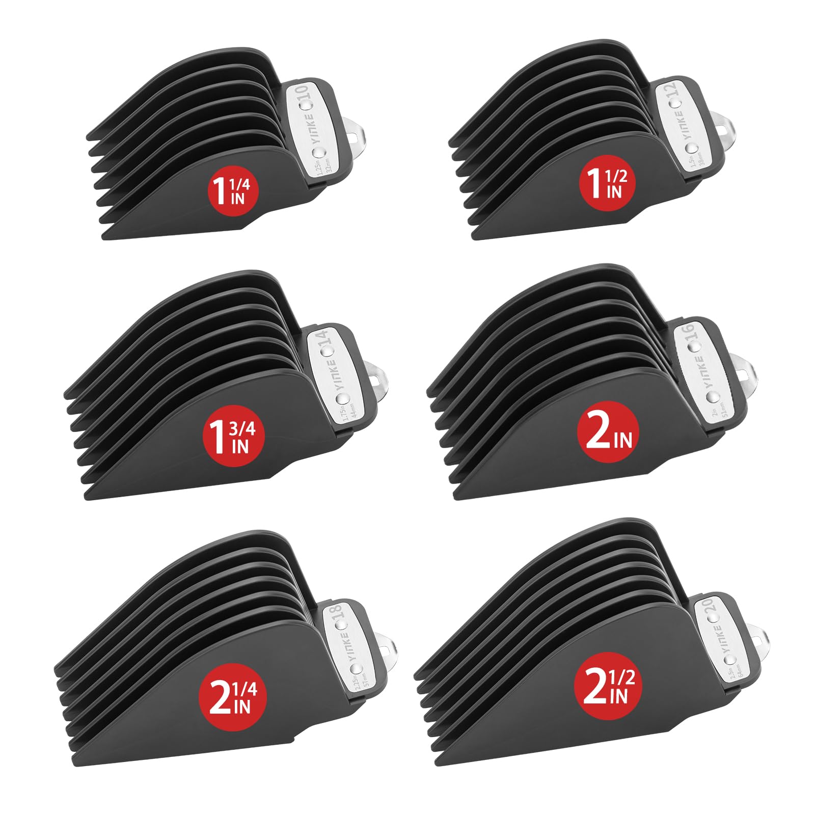 Yinke Extra Long Hair Clipper Guards Set - 6 Cutting Lengths 1.25/1.5/1.75/2/2.25/2.5 inch, Metal Clip, Fits Most Cordless/Cord Wahl Clippers (Black)