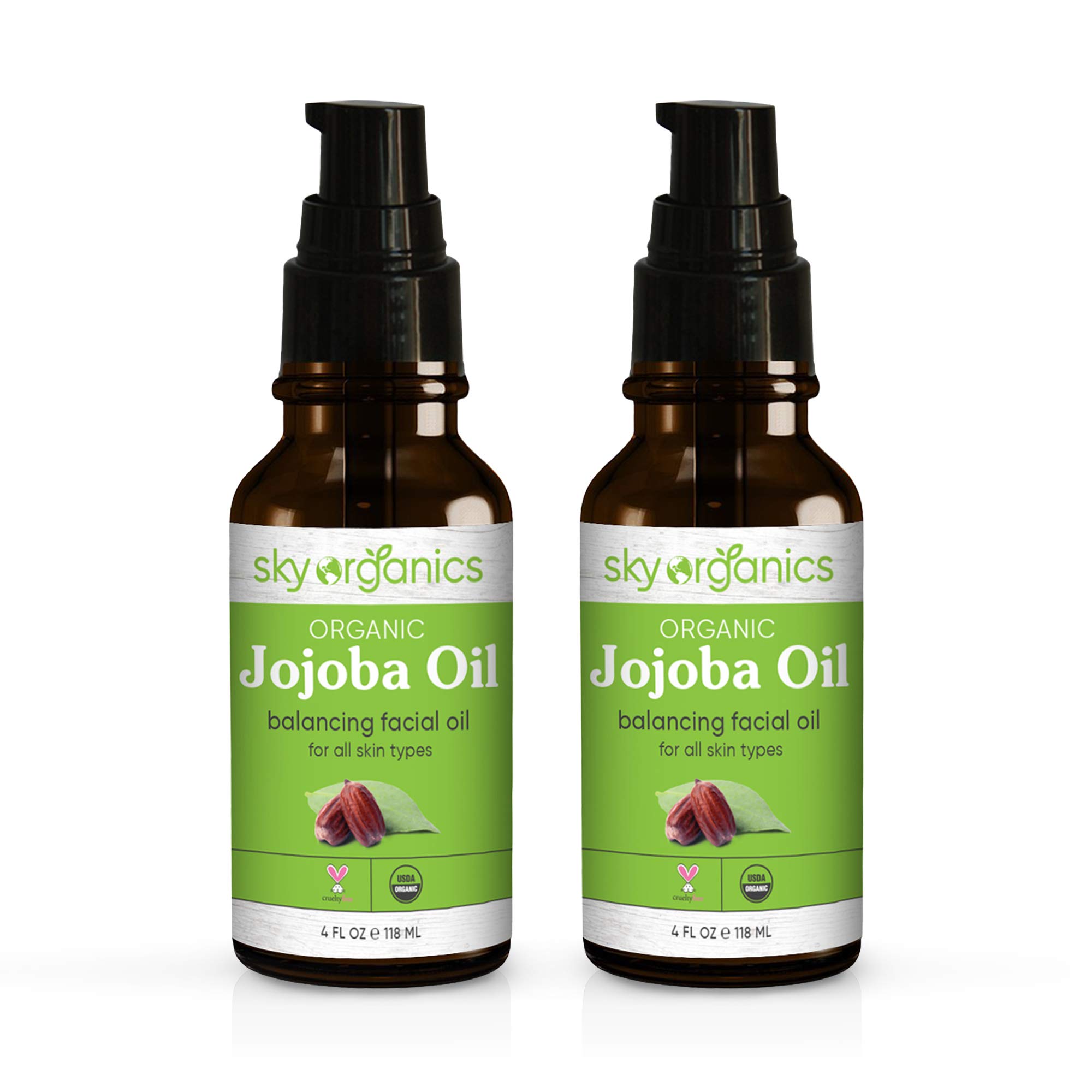 Sky Organics Jojoba Oil Unrefined Oil 100% Pure Cold-Pressed Organic Jojoba Oil (4oz x 2 Pack) Moisturizing & Healing - For Dry & Oily Acne Skin Frizzy Hair - For Skin, Hair and Nail Care