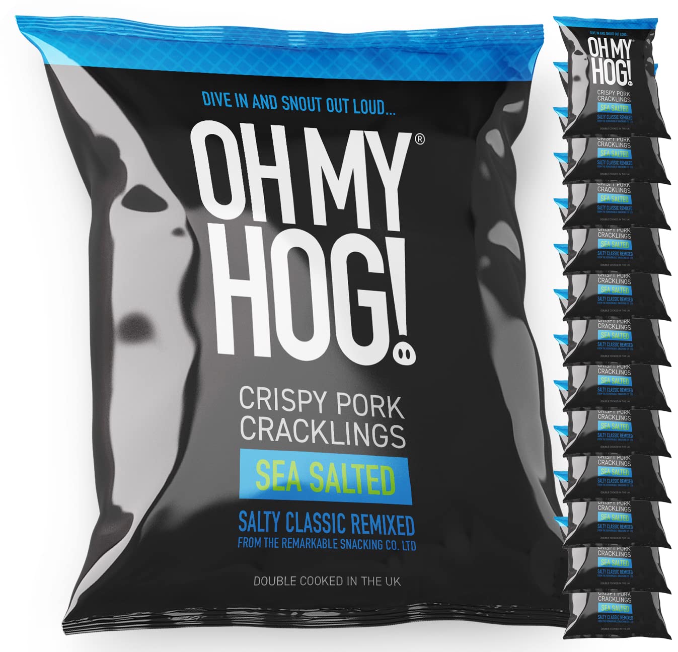 OH MY HOG!® Pork Cracklings, Sea Salted Flavour - 12 x **40g** Packs Per Box - High Protein, Low Carb, Keto-Friendly, Gluten-Free, Crispy, Savoury Snack, Party Snack