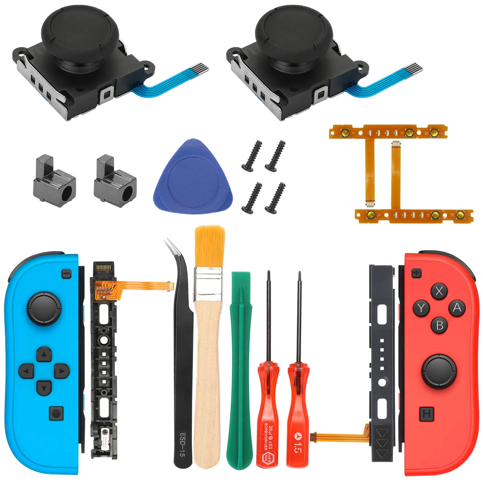 EEEKit Replacement Kit for Switch Joy-Con,18 in 1 Joycon Repair Kit with Left Right Analog Joysticks,Lock Buckles,Button Sync Flex Cable Set,Screwdriver Fix Tools Compatible with Nintendo Switch