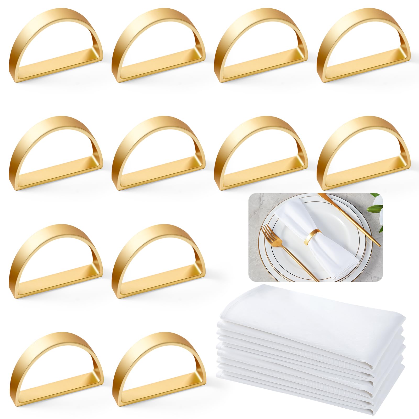 WorthyeahNapkins and Napkin Rings Set of 24, Include Gold Napkin Rings Set of 12 & White Cloth Napkins Set of 12, Dinner Napkins for Holiday, Wedding, Banquet, Birthday, Table Decorations for Party.