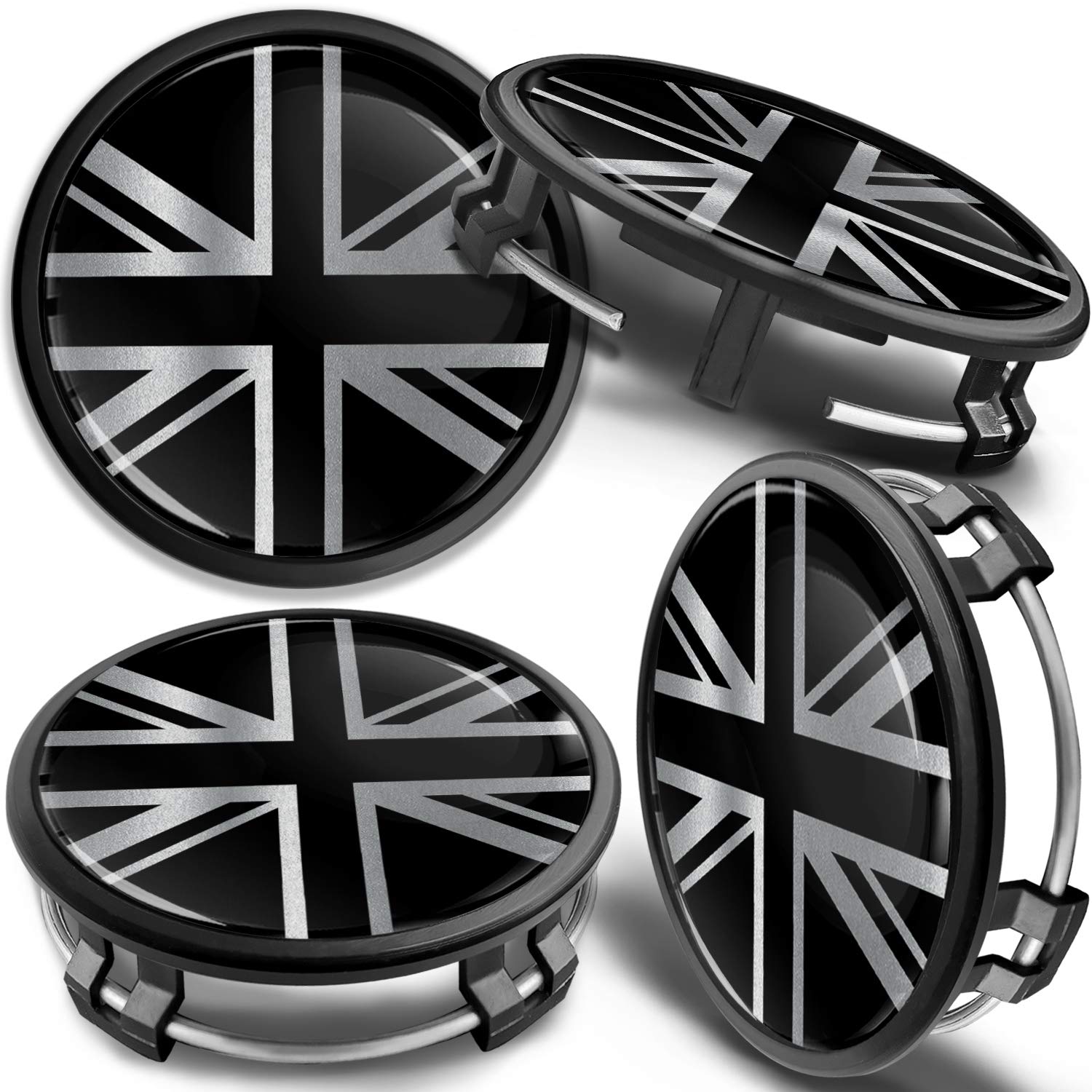 SkinoEu Set of 4 x 75mm Wheel Center Caps Compatible with Mercedes Benz B66470207 / B66470200 UK Union Jack Flag Silver CM 29