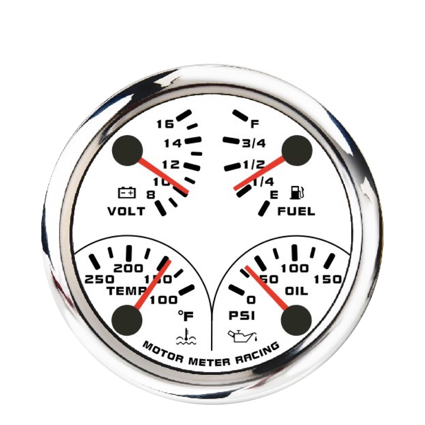 MOTOR METER RACINGW Pro Series 110mm 4-3/8" 4 in 1 Multi-Function Gauge Water Temperature °F Oil Pressure PSI Fuel Level 240-33 ohms Voltage 12 Volt White Dial Red LED Waterproof