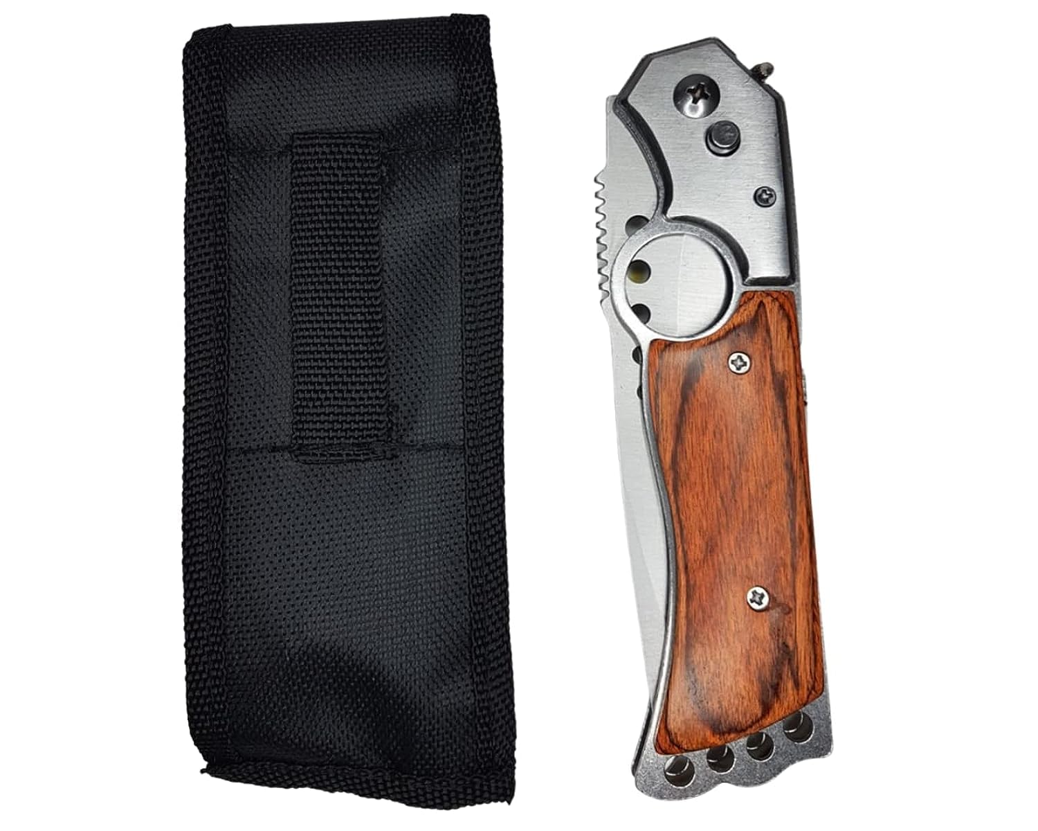 Folding Stainless Steel Pocket Knife with Wooden Quick Release Piston Switch, Security Key, Flashlight and Bag