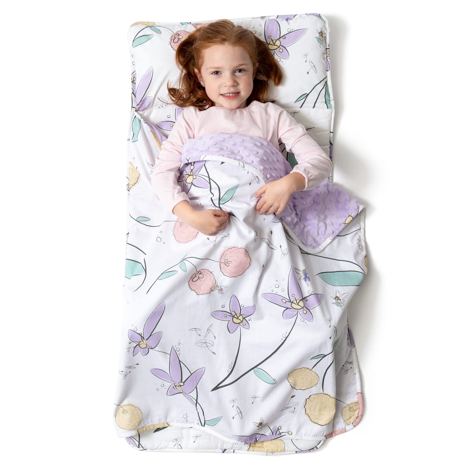 JumpOff JoToddler Nap-Mat - Sleeping Bag for Kids with Removable Pillow and Ultra Soft Blanket for Preschool, Daycare, and Sleepovers - Fairy Blossoms