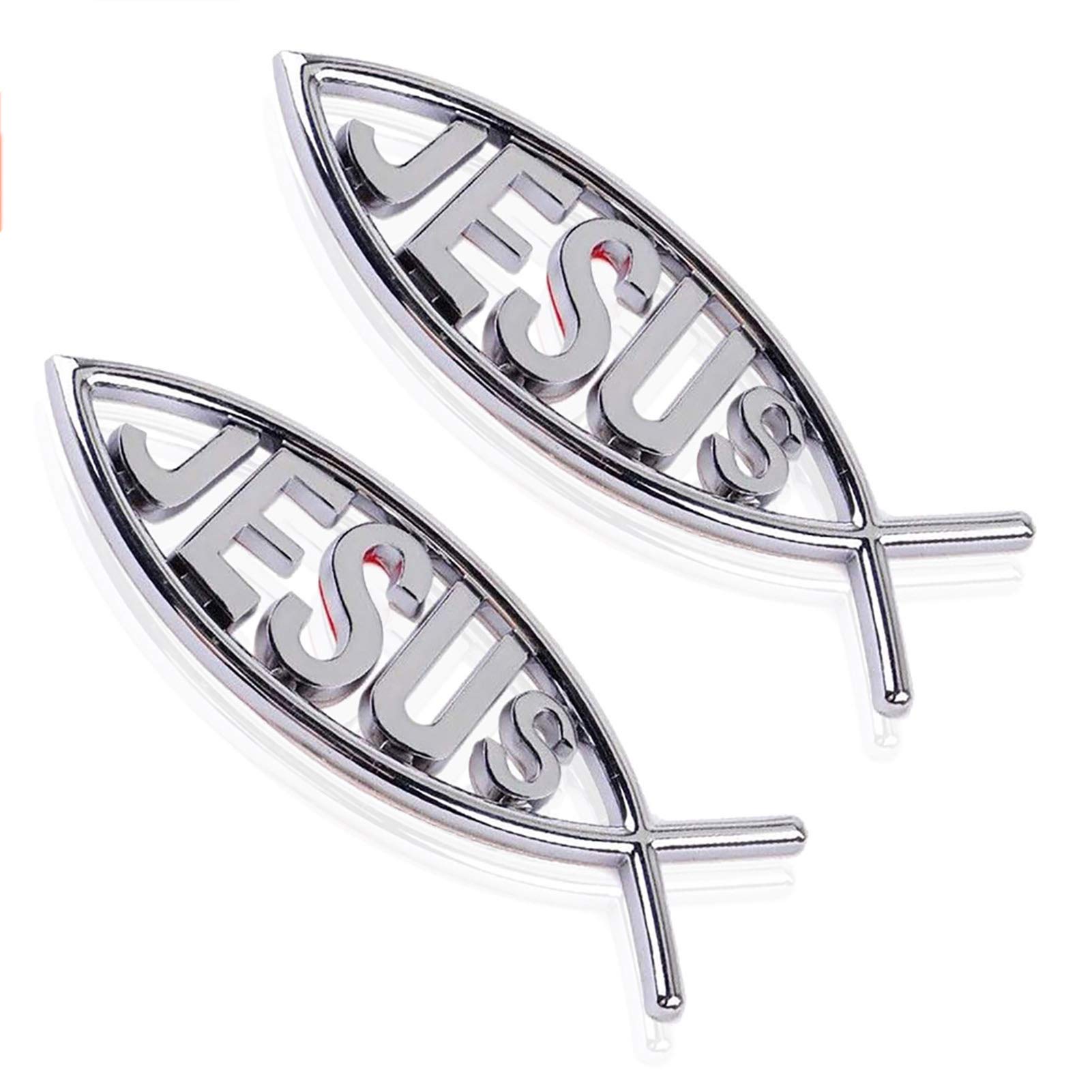 MEETCUTE 2pcs Jesus Fish Decal Sticker Silver,3D Car Chrome Decal Emblem Sticker Religious God for Jesus Christian Fish Symbol