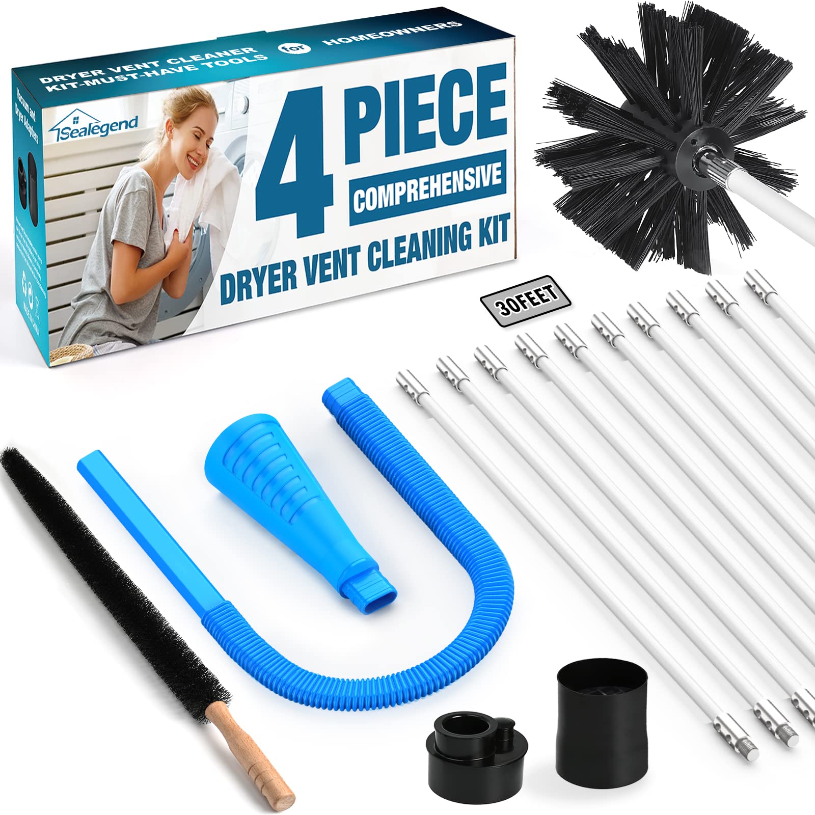 Sealegend Dryer Vent Cleaner kit 4-Piece Omnidirectional Dryer Cleaning Kit Include 30 Feet Dryer Vent Brush, Blue Dryer Lint Vacuum Attachment&Dryer Lint Trap Brush, Vacuum & Dryer Adapters