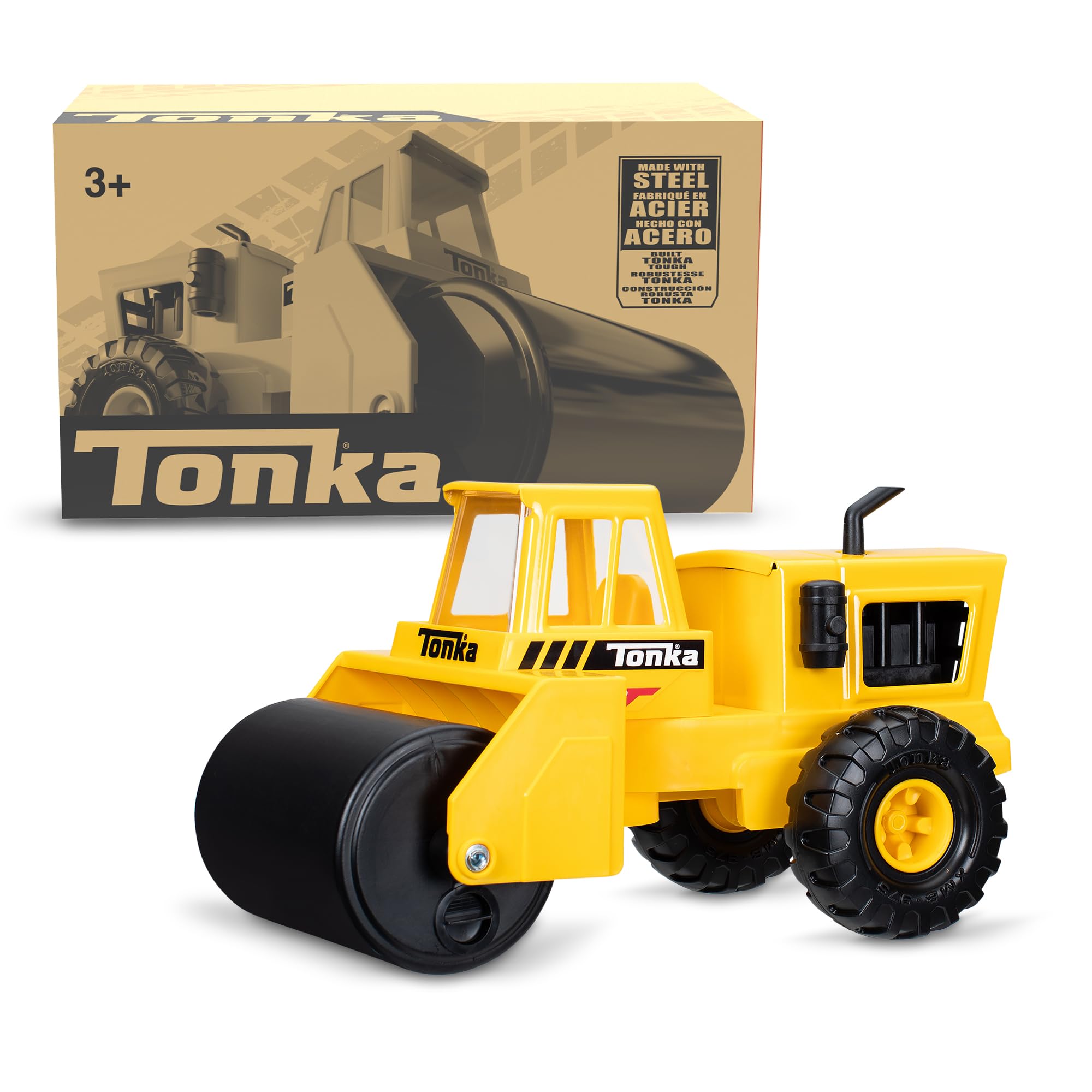 Tonka Steel Classics - Steam Roller - Made with Steel, Yellow Toy Truck, Boys and Girls, Toddlers Ages 3+, Big Construction Truck, Birthday Gift, Holiday, Ages 4+