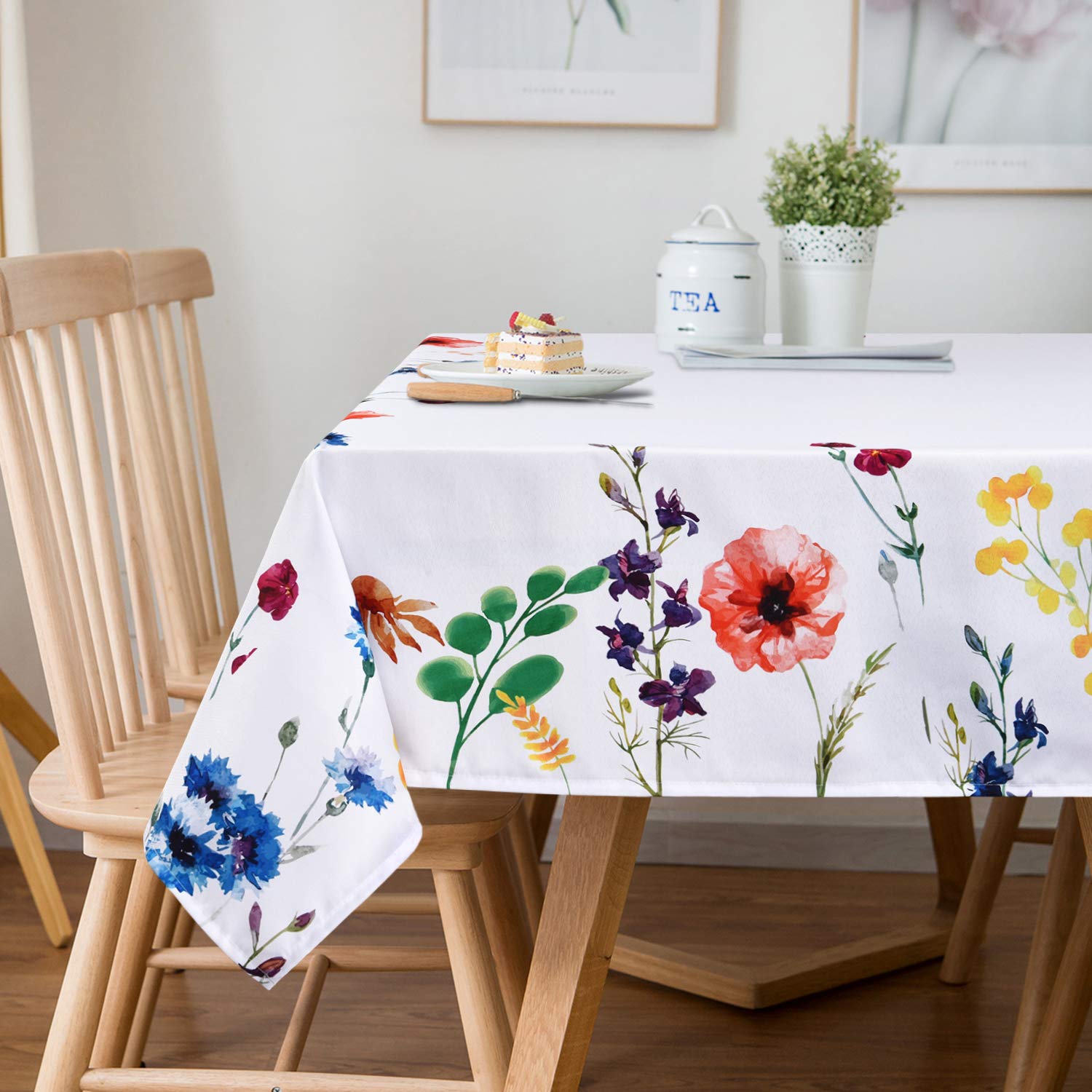 Sunm BoutiqueWatercolor Wild Flowers Tablecloth, Spring Floral Table Cloth, 60 x 84 inch, Machine Washable Waterproof Table Cover for Easter, Dining, Holiday, Parties