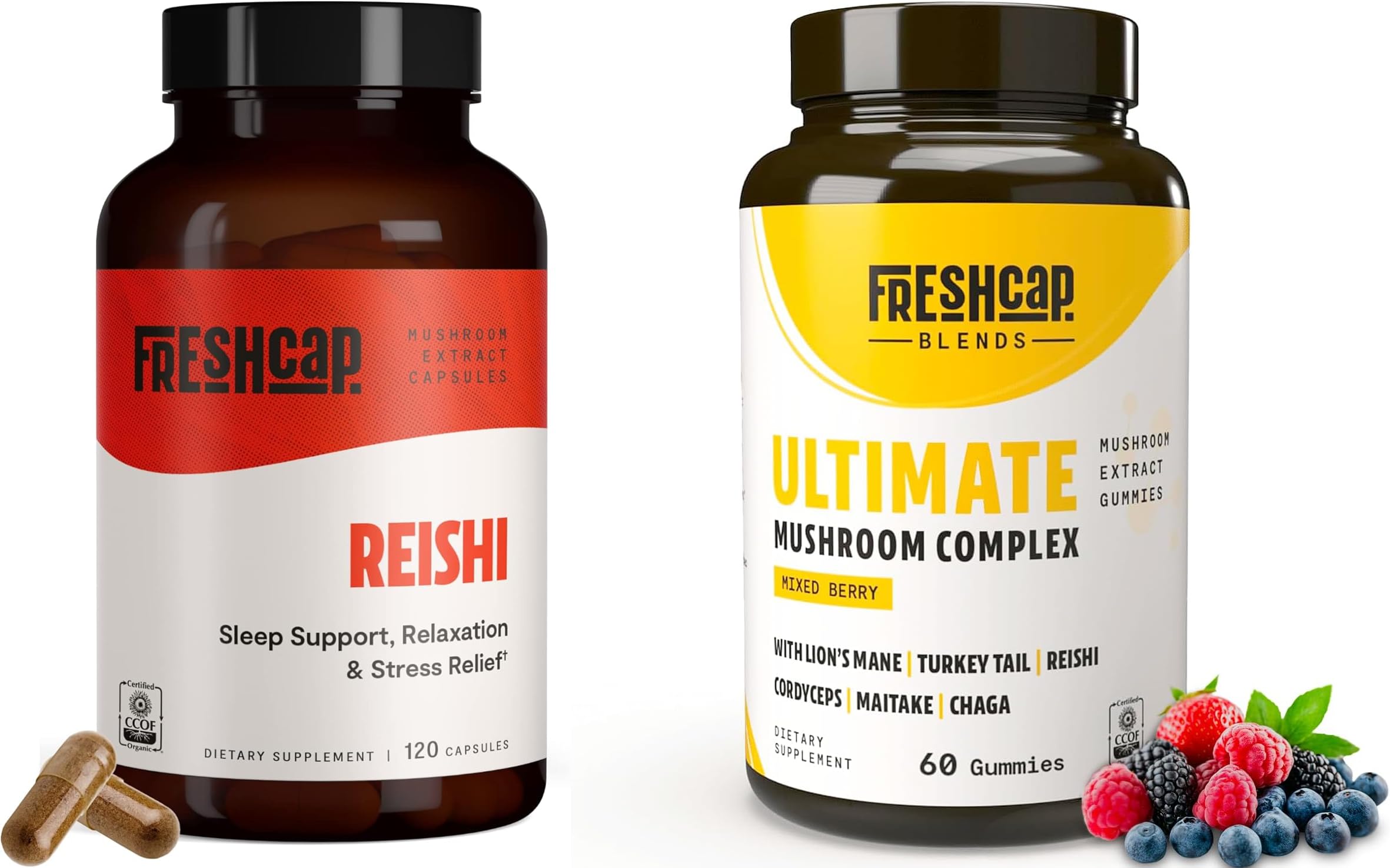 FreshCap MushroomsSupplement Wellness Duo: Organic Reishi Mushroom Capsules, 120 Count & Mushroom Complex Gummies, 60 Count for Longevity and Vitality