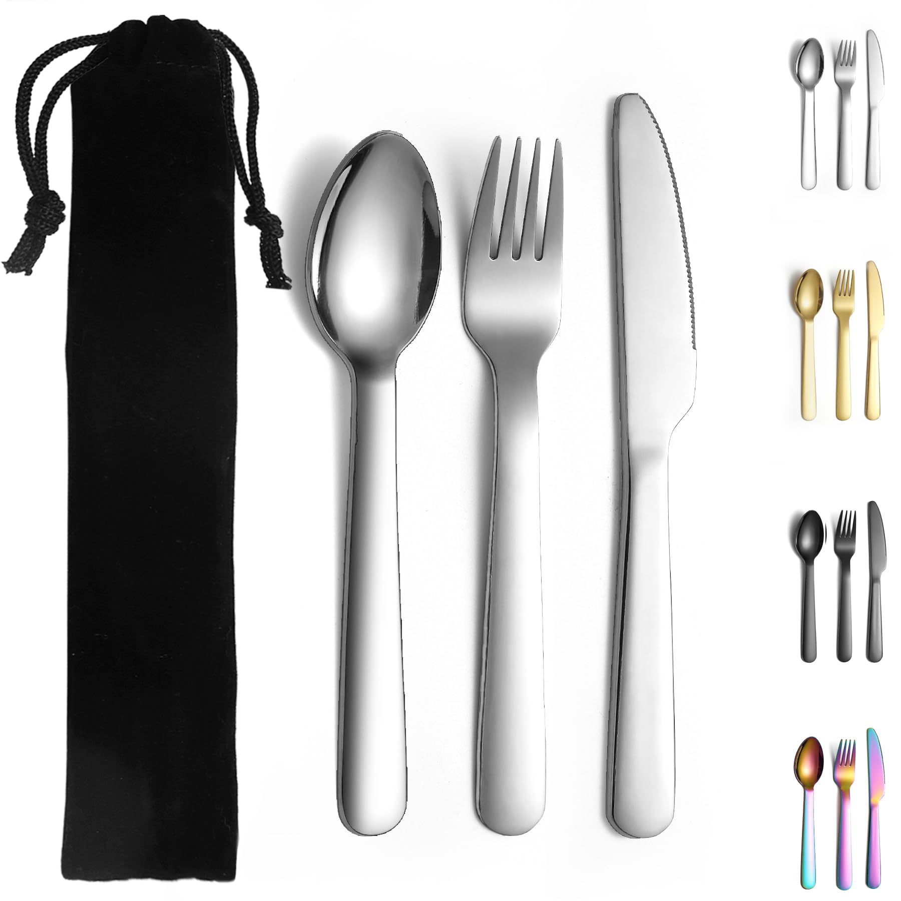 Evanda 3 Piece Portable Silverware Set, Include Knife Fork Spoon, Camping Cutlery Set With Black Bag, For Home Kitchen Camping Travel, Dishwasher Safe