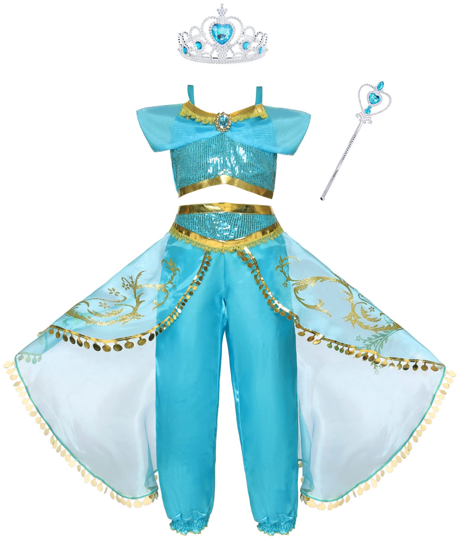 Girls Aladdin Jasmine Princess Suit Girls Dress Costumes Halloween Birthday Party Cosplay with Crown Magic Wand