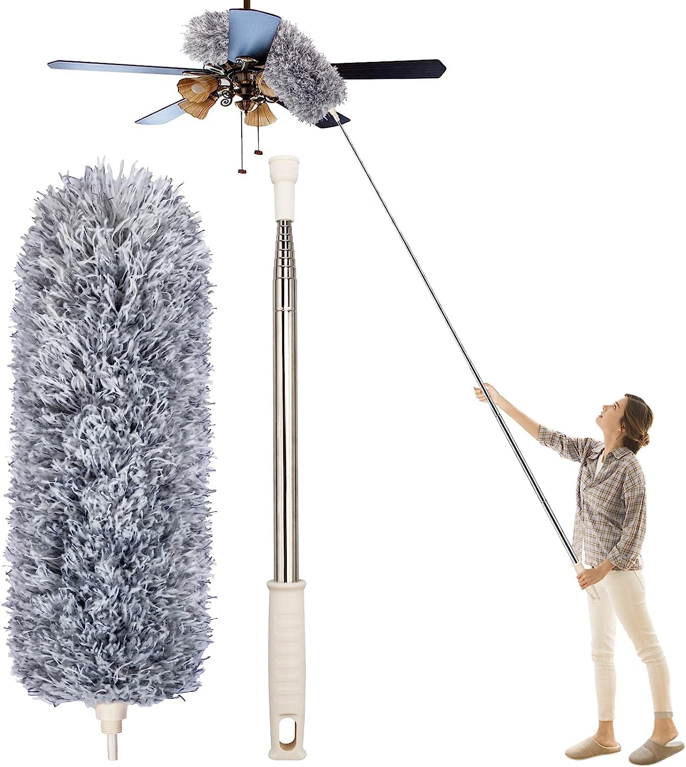 BUYERZONE Microfiber Feather Duster Bendable & Extendable Fan Cleaning Duster with 100 inches Expandable Pole Handle Washable Duster for High Ceiling Fans, Window Blinds, Furniture (BZ-SM-15)