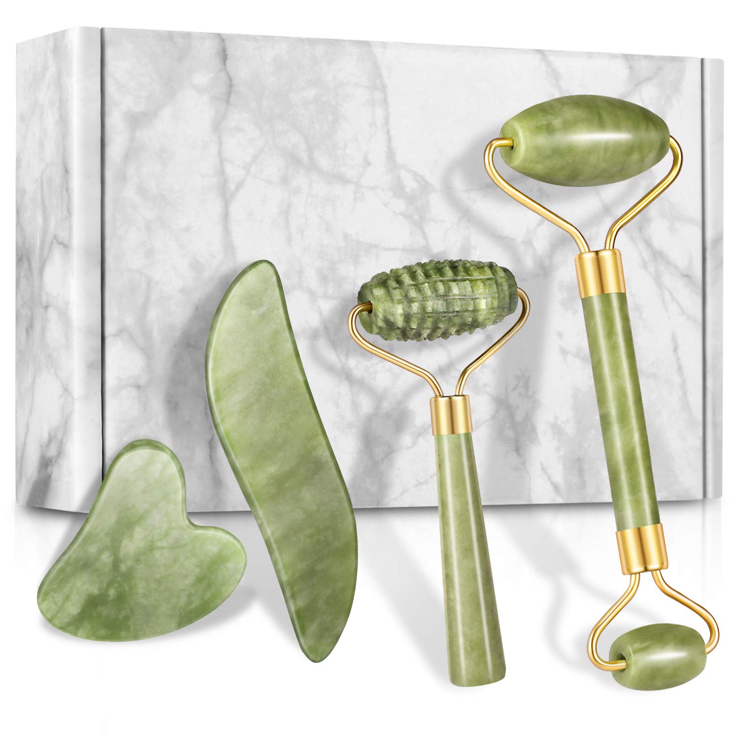 4-pcs Jade Roller & Gua Sha Set, Facial Roller Massager with Gua Sha Sc Tool, Jade Stone Massager for Anti-aging, Slimming & Firming, Rejuvenate Face and Neck, Remove Wrinkles & Eye Puffiness