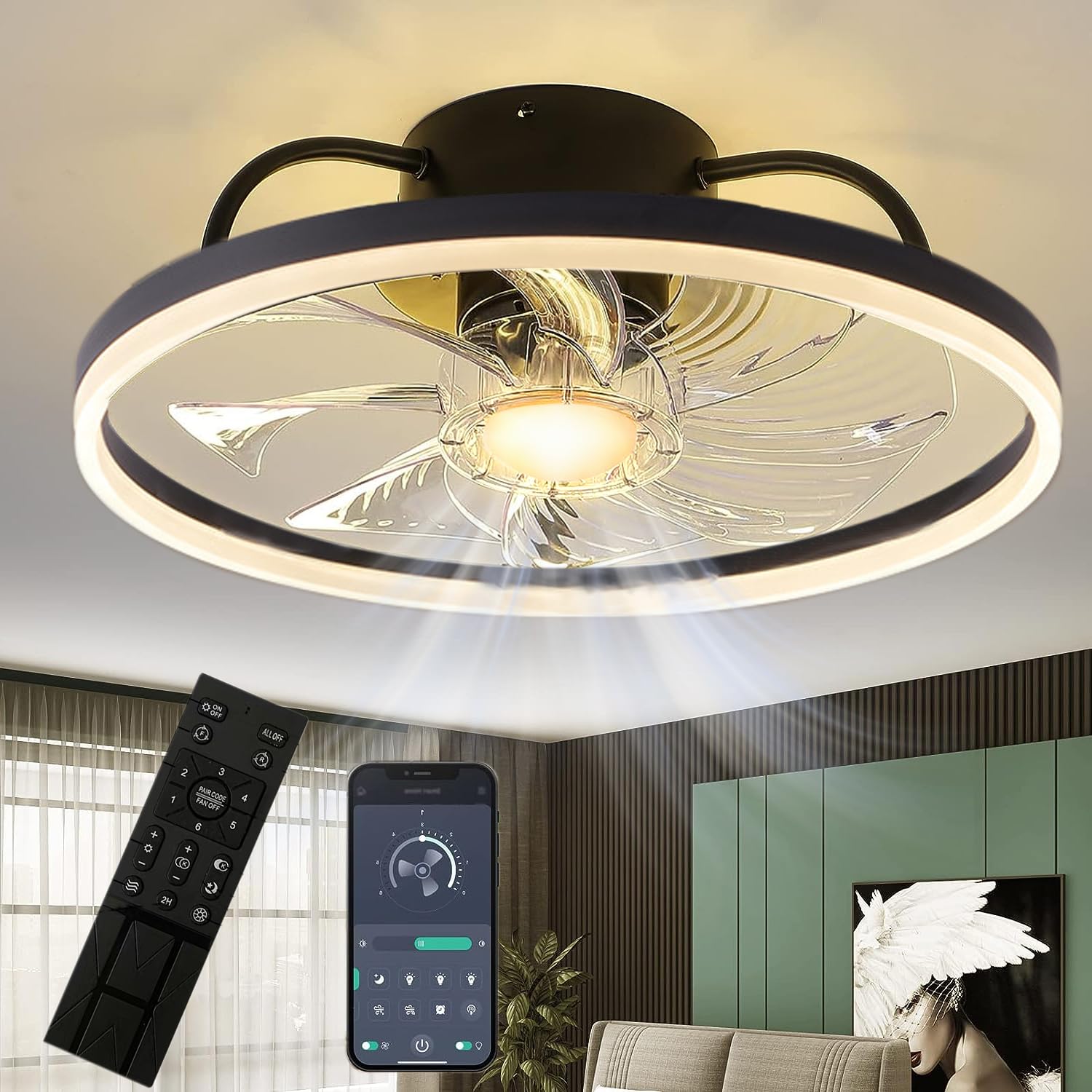 Ceiling Fans with Lights, Low Profile Modern Ceiling Fans with Lights Remote, 50CM Flush Mount Ceiling Fans Dimmable with Memory Function, Smart Ceiling Fans for Bedroom and Kitchen