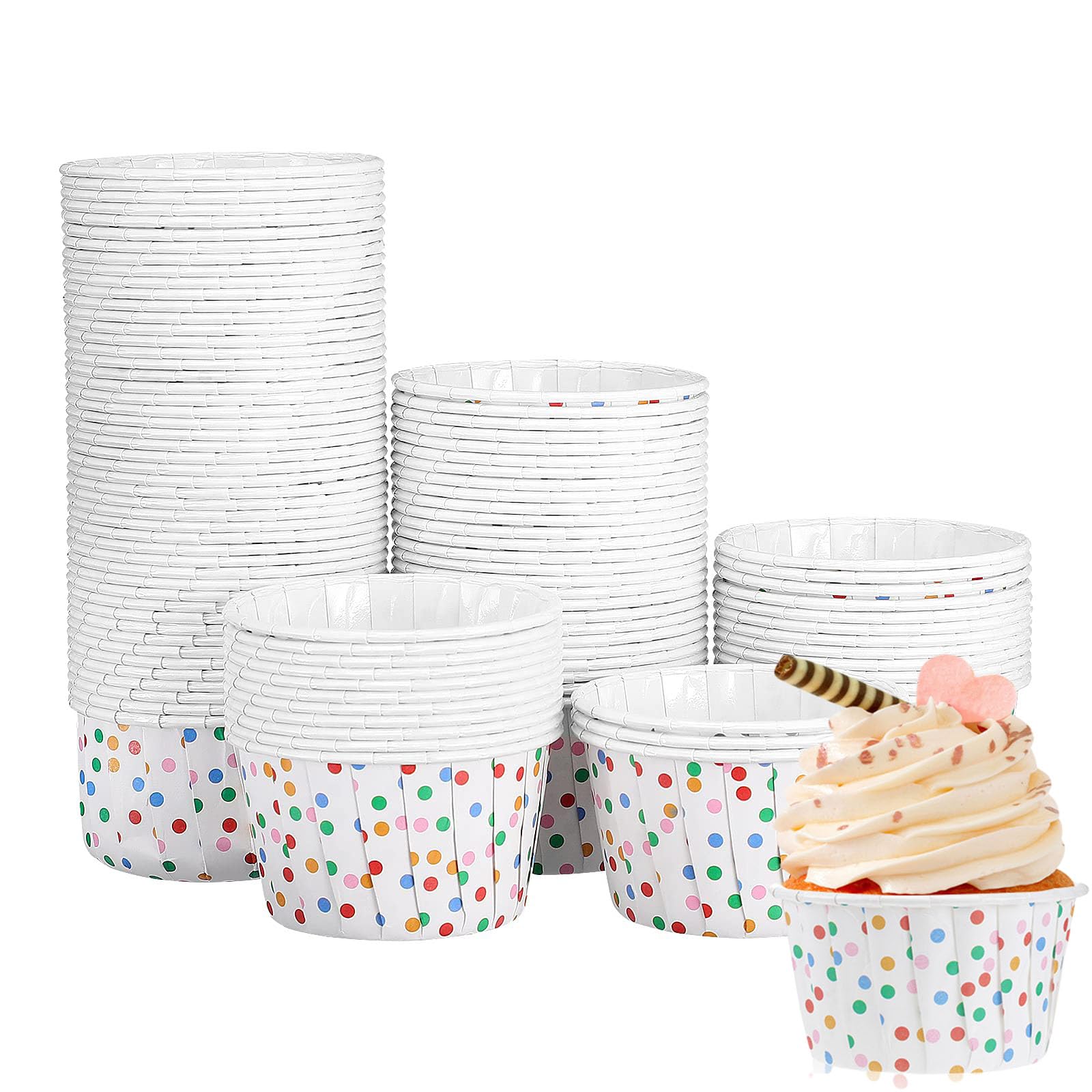 Sweet seven 100Pcs Mix Polka Dot Paper Ice Cream Sundae Cups - Disposable Dessert Bowls for Sundaes, Frozen Yogurt, and Soup - Party Supplies Treat Cups