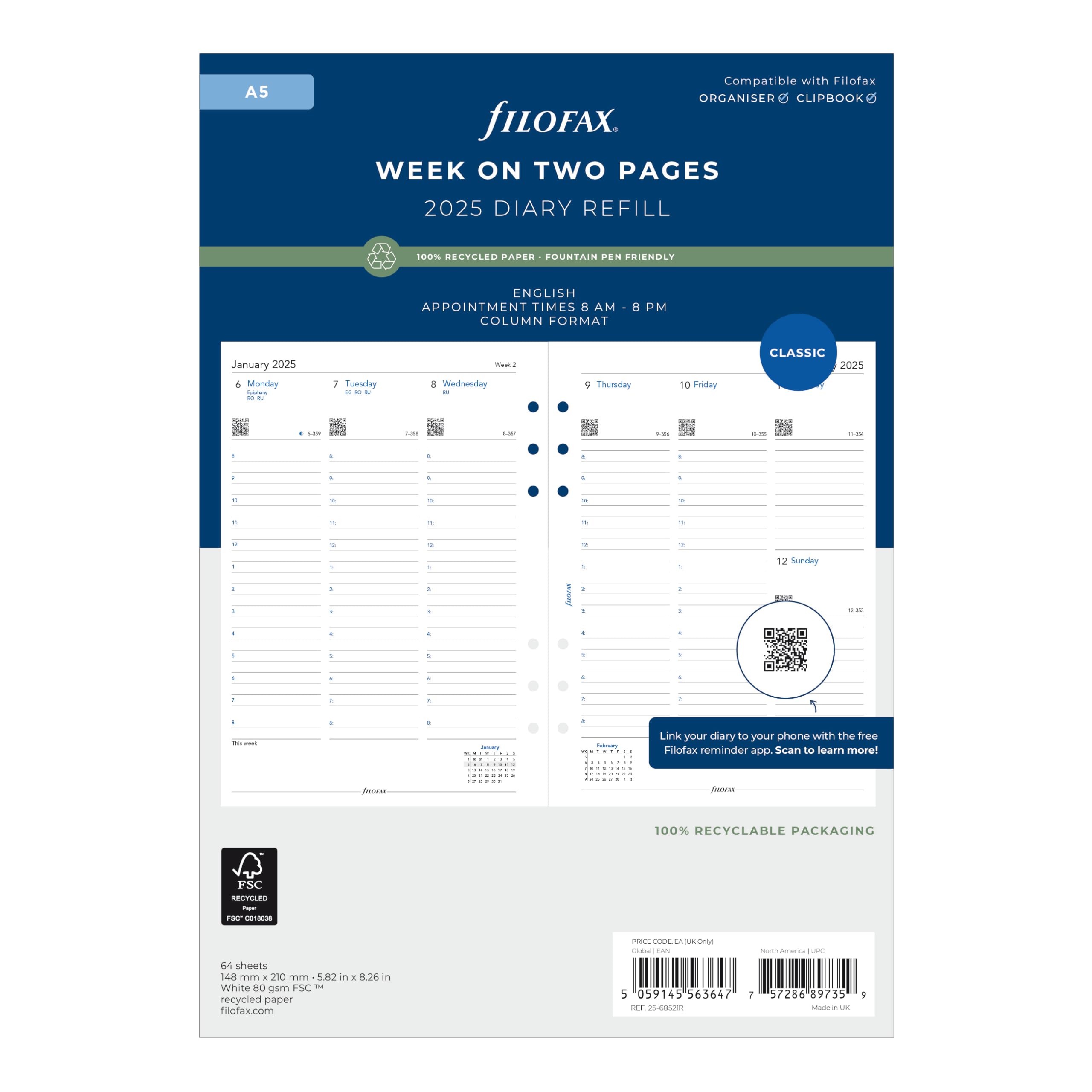 FilofaxCalendar Diary Refill, A5 Size, Week-to-View with Appointments, Vertical, Multi-Fit, White Paper, English, 2025 (C68521M-25)