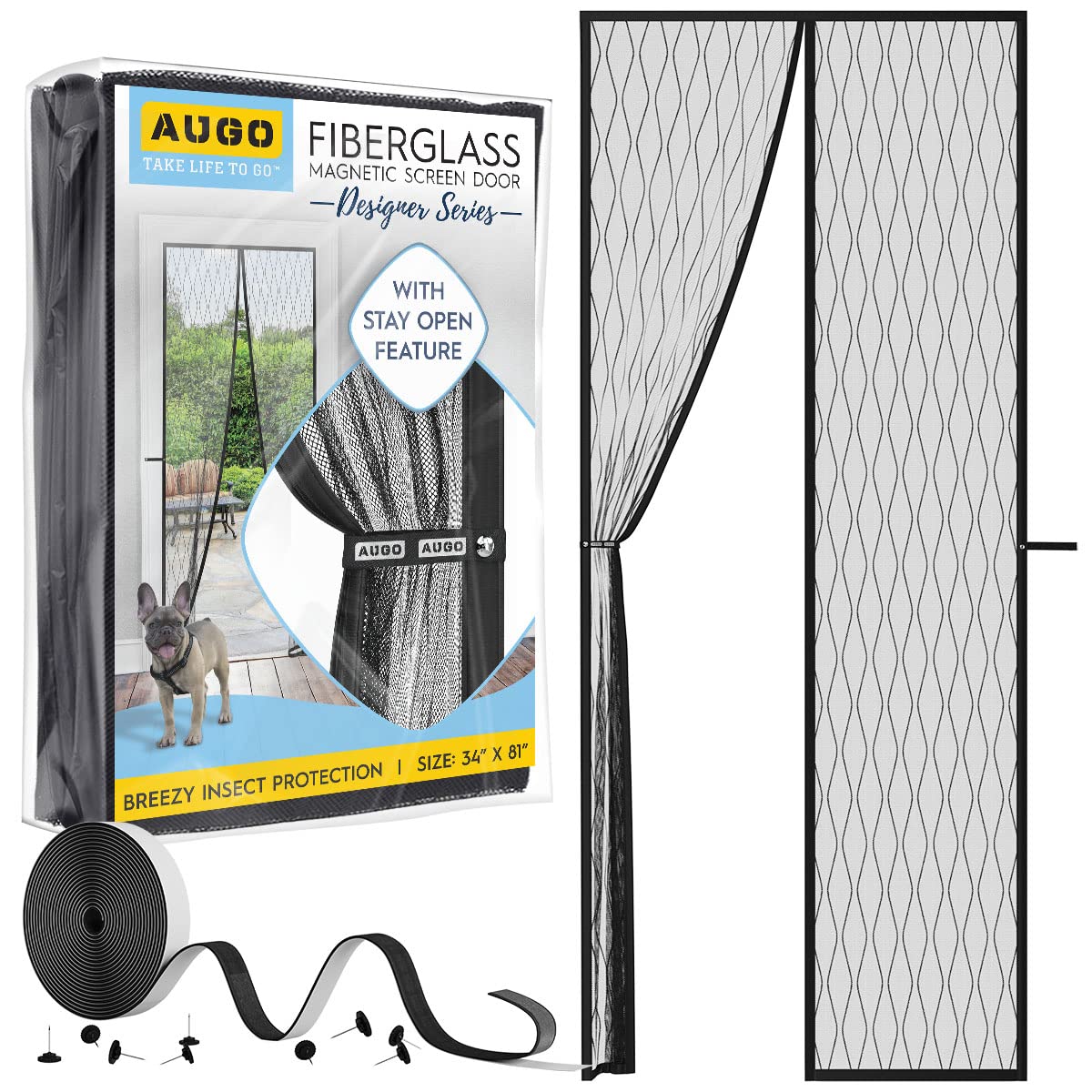 AUGO Magnetic Fiberglass Design Screen Door - Self Sealing, Heavy Duty, Hands Free Mesh Partition Keeps Bugs Out - Door Screen Magnetic Closure - Patent Pending Keep Open Feature - 34 Inch x 81 Inch