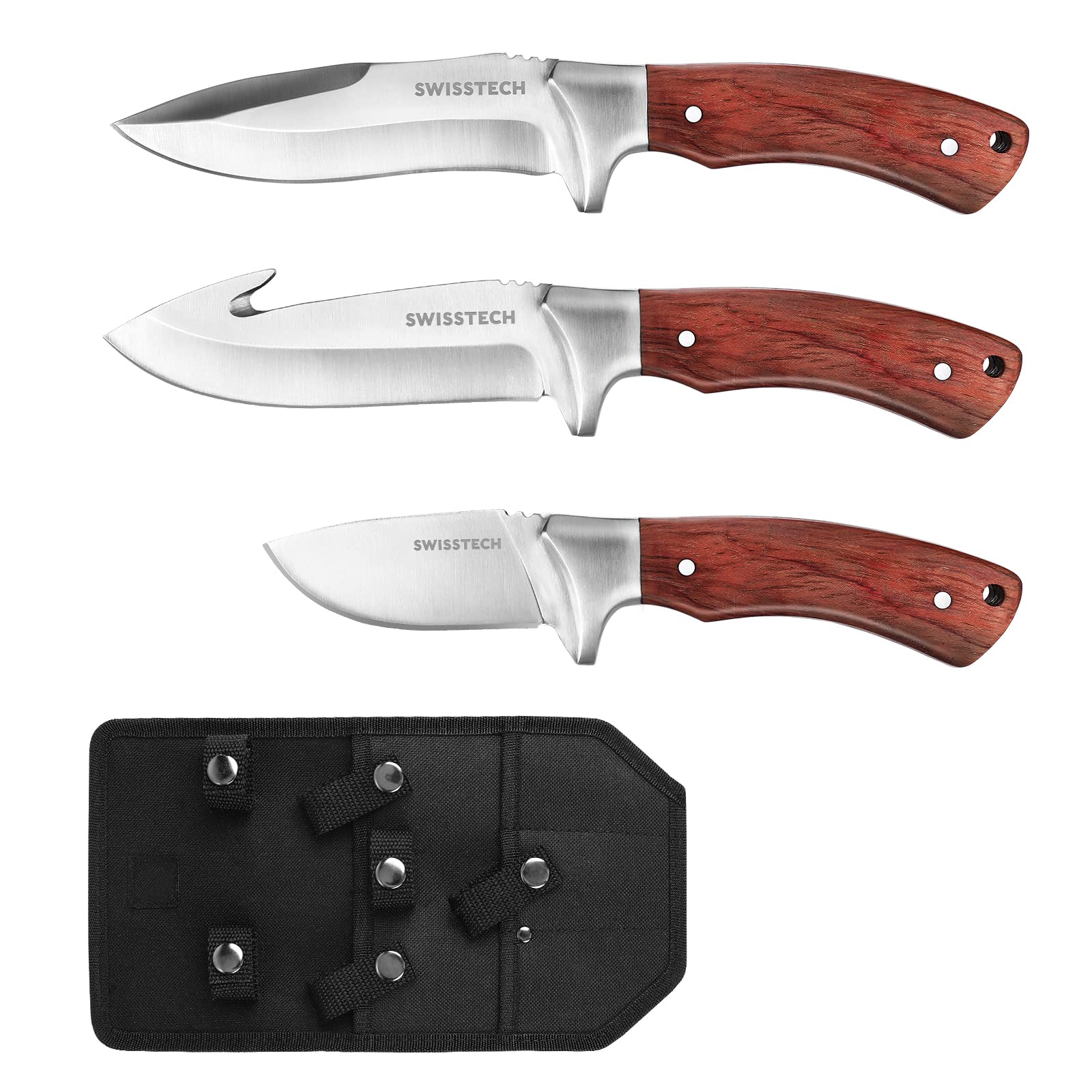 Swiss+Tech3 Piece Hunting Knife Set, Full Tang Survival Knife with Sheath, Bowie Knife, Camping Knife, Gut Hook Knife, for Outdoors Hunting, Camping, Hiking, Good Gift for Dad Husband Men