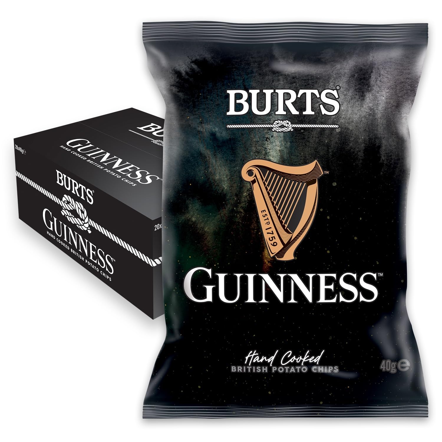 Burts Guinness Hand Cooked Burts Crisps - 20 x 40 g Multipack Box - Vegetarian Friendly, Hydrogenated Fat Free, Non-GMO, No Added MSG - Guinness Burts Potato Chips