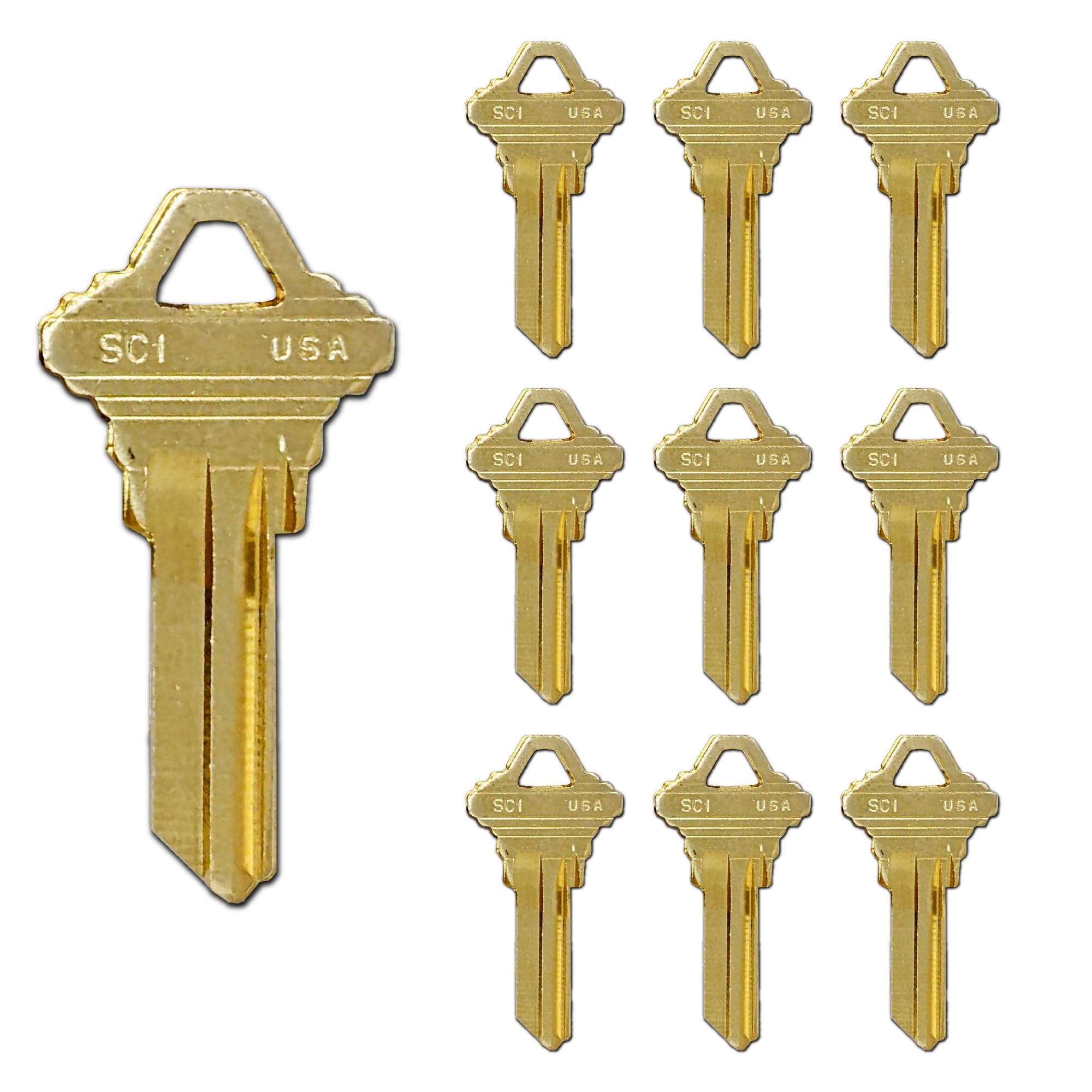 Schlage SC1 Key Blanks in Premium Brass | Uncut Keys for Home and Professional Use | 10 Blank Keys Compatible with 5-Pin Locks