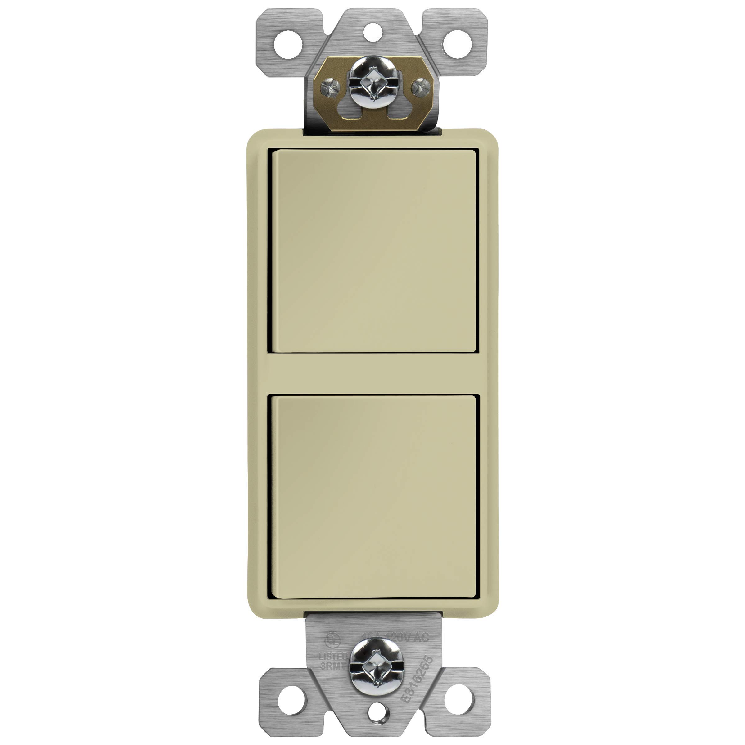 ENERLITES Double Paddle Rocker Decorator Switch, Gloss Finish, Ground Terminal, Clamp-Type Wiring, Copper Wires Only, Single Pole, Residential/Commercial Grade, 15A 120-277VAC, 62834-I, Ivory