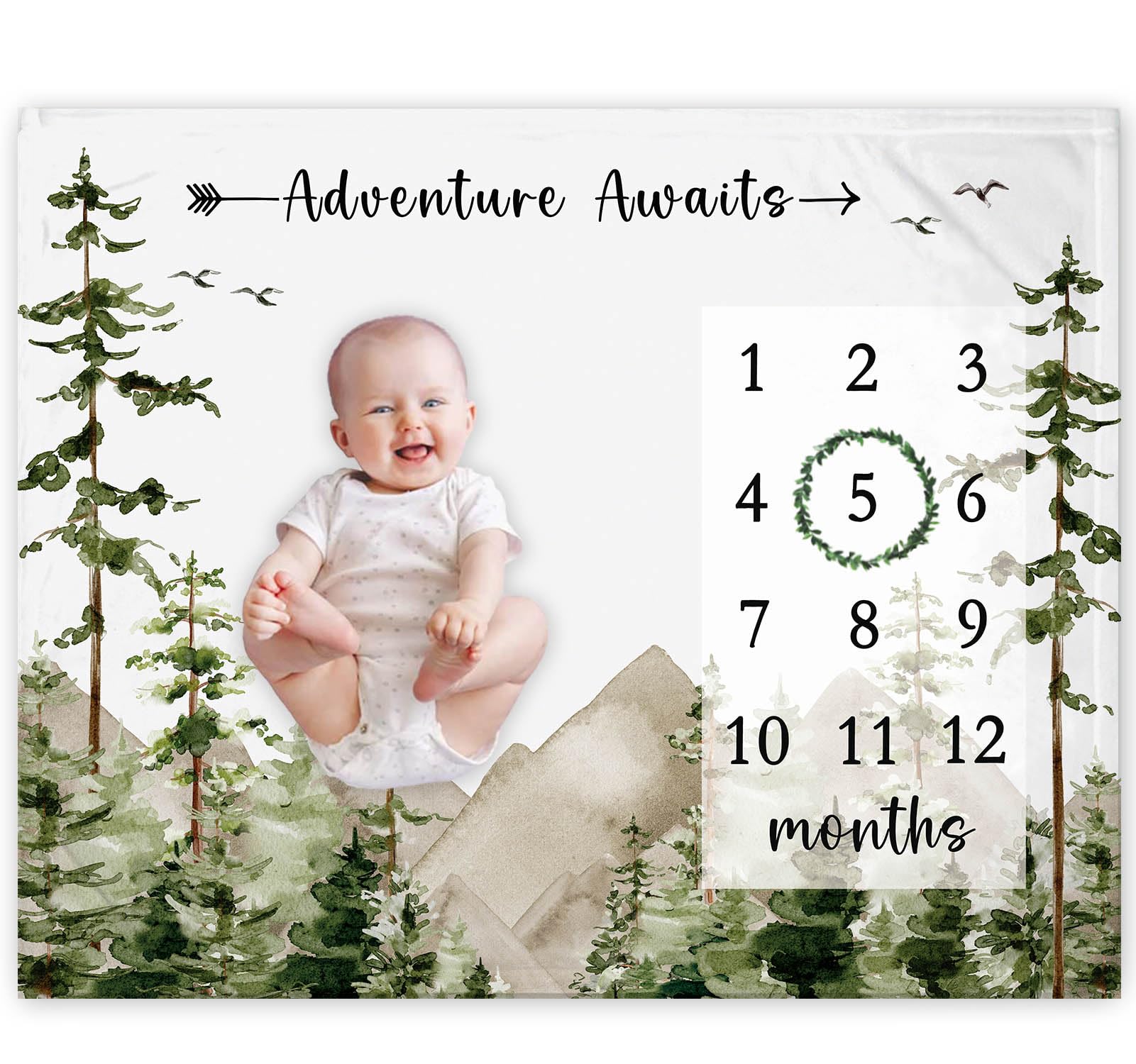 YuzioeyAdventure Awaits Milestone Blanket, Forest Mountain Baby Growth Chart Monthly Blanket, Watch Me Grow Mountain Tree Baby Nursery for New Moms Baby Shower(50"x40")