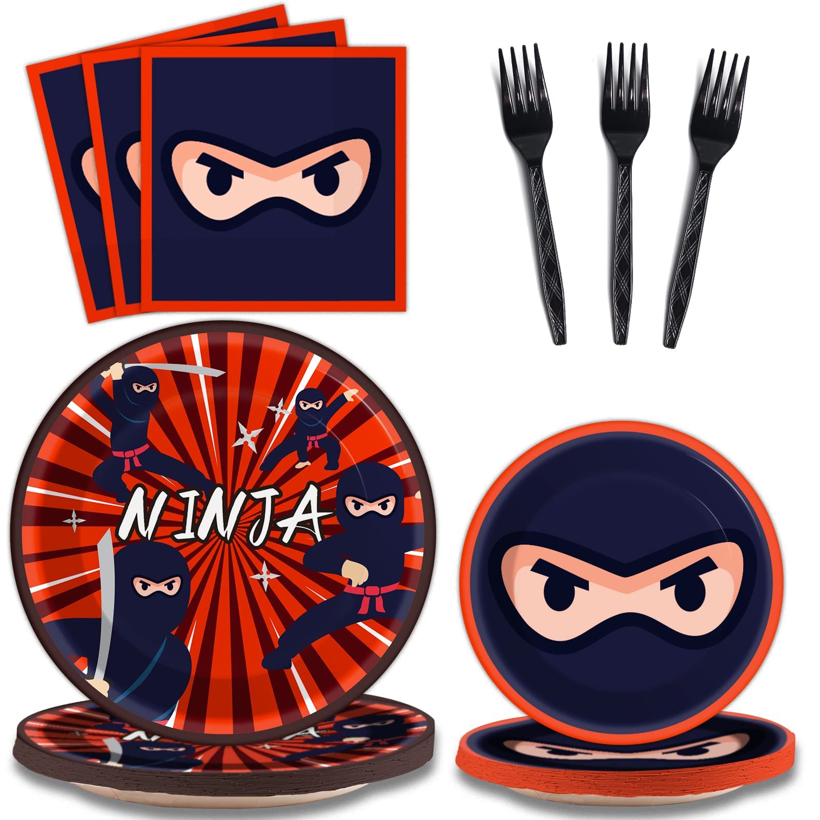 Tevxj 96 Pcs Party Decorations Supplies Ninja Master Tableware Set Karate Theme Party Dessert Plates Napkins Forks for Ninja Warrior Birthday Party 24 Guests