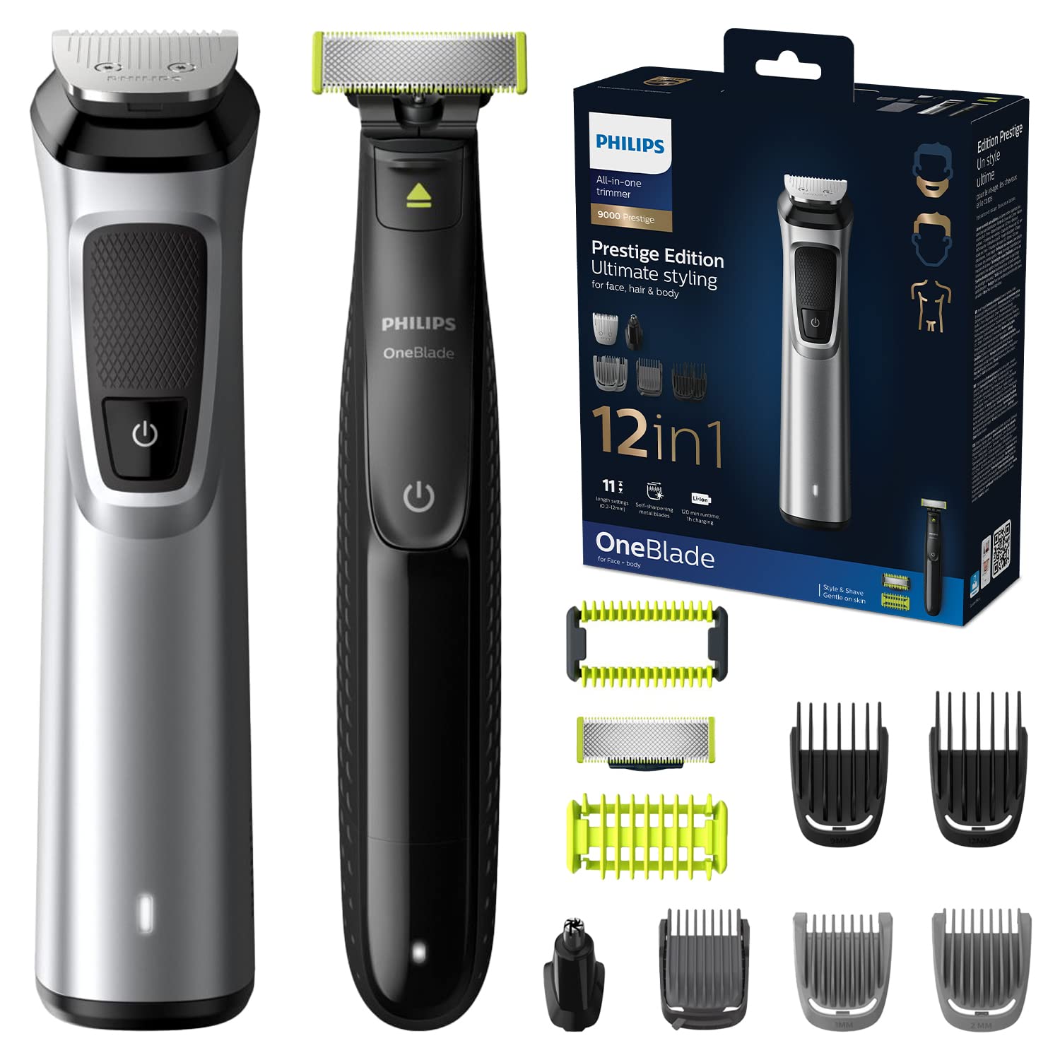 PHILIPSSeries 9000 Prestige All-in-One Trimmer with OneBlade, 12-in-1 Multigroom for Ultimate Styling of Face, Hair, and Body, Model MG9710/93