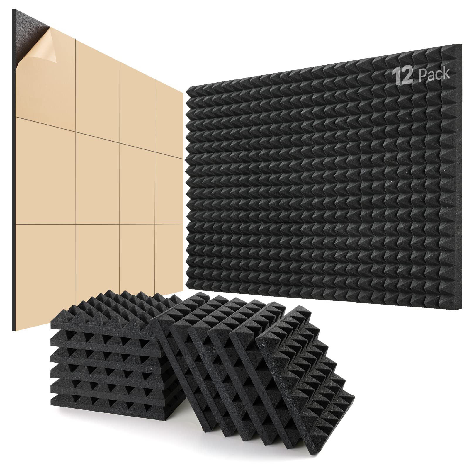 Kuchoow Sound Proofing Panels Self-Adhesive, 12 Pack, 2''X12''X12'', Acoustic Panels for Studio, Gaming, Podcast, Theater, Indoor Sound Quality Improvement