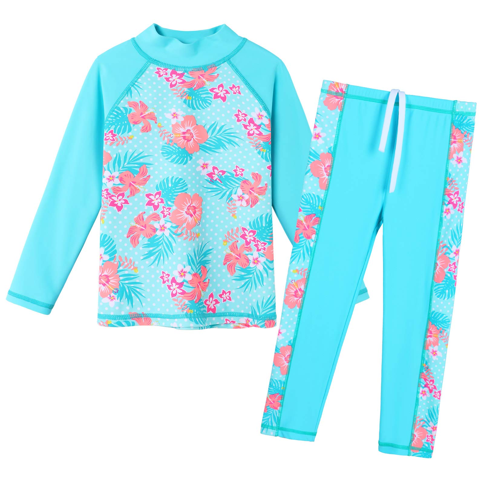 ZNYUNEGirls 2PCS Leaves Printed Swimwear Long Sleeve Swimsuit Set Kids Bathing Suit Swimming Costume for Age 3 to 10 Years