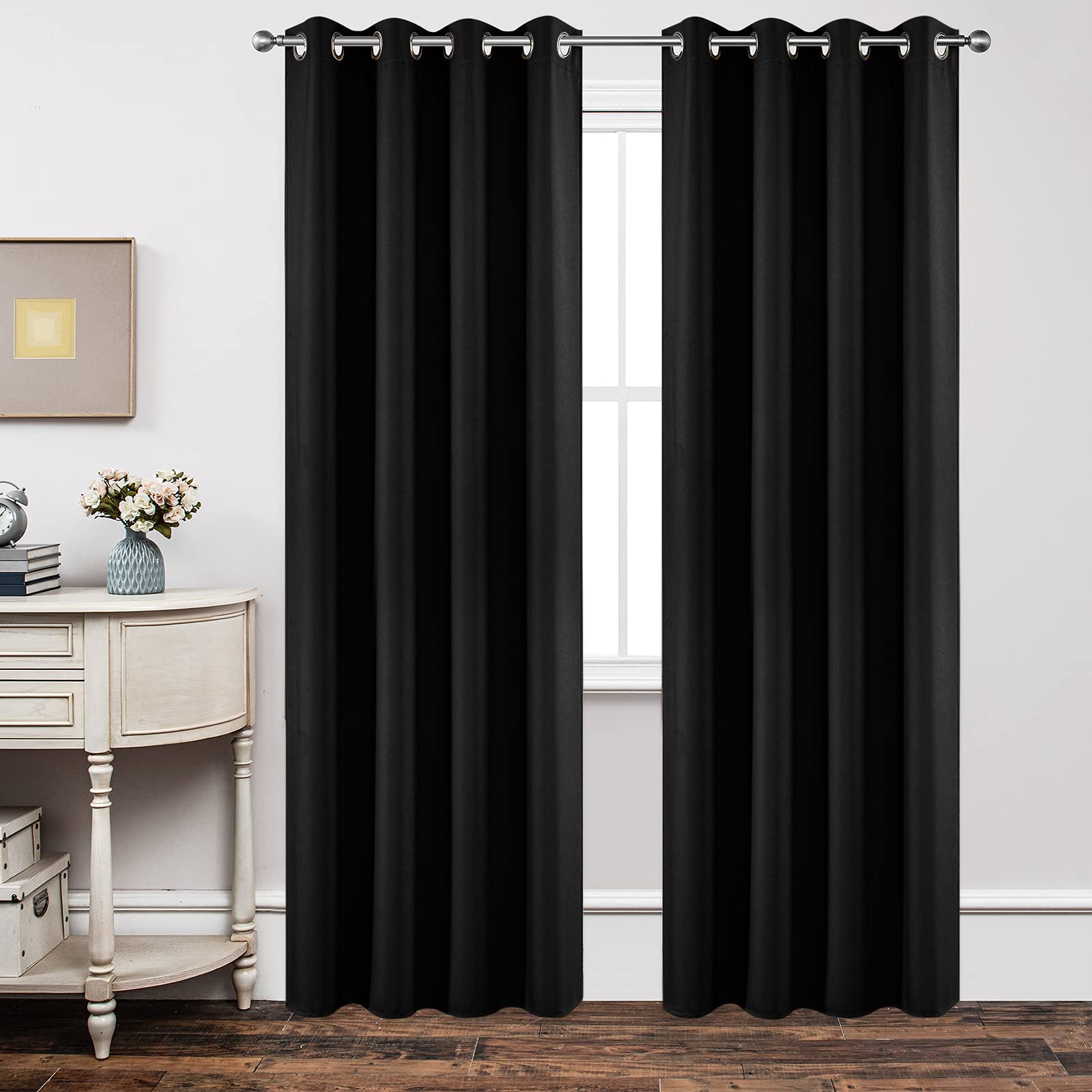 Joydeco Blackout Curtains 84 Inch Length 2 Panels Set, Thermal Insulated Long Curtains& Drapes 2 Burg, Room Darkening Grommet Curtains for Living Room Bedroom Window (W52 x L84 Inch, Black)